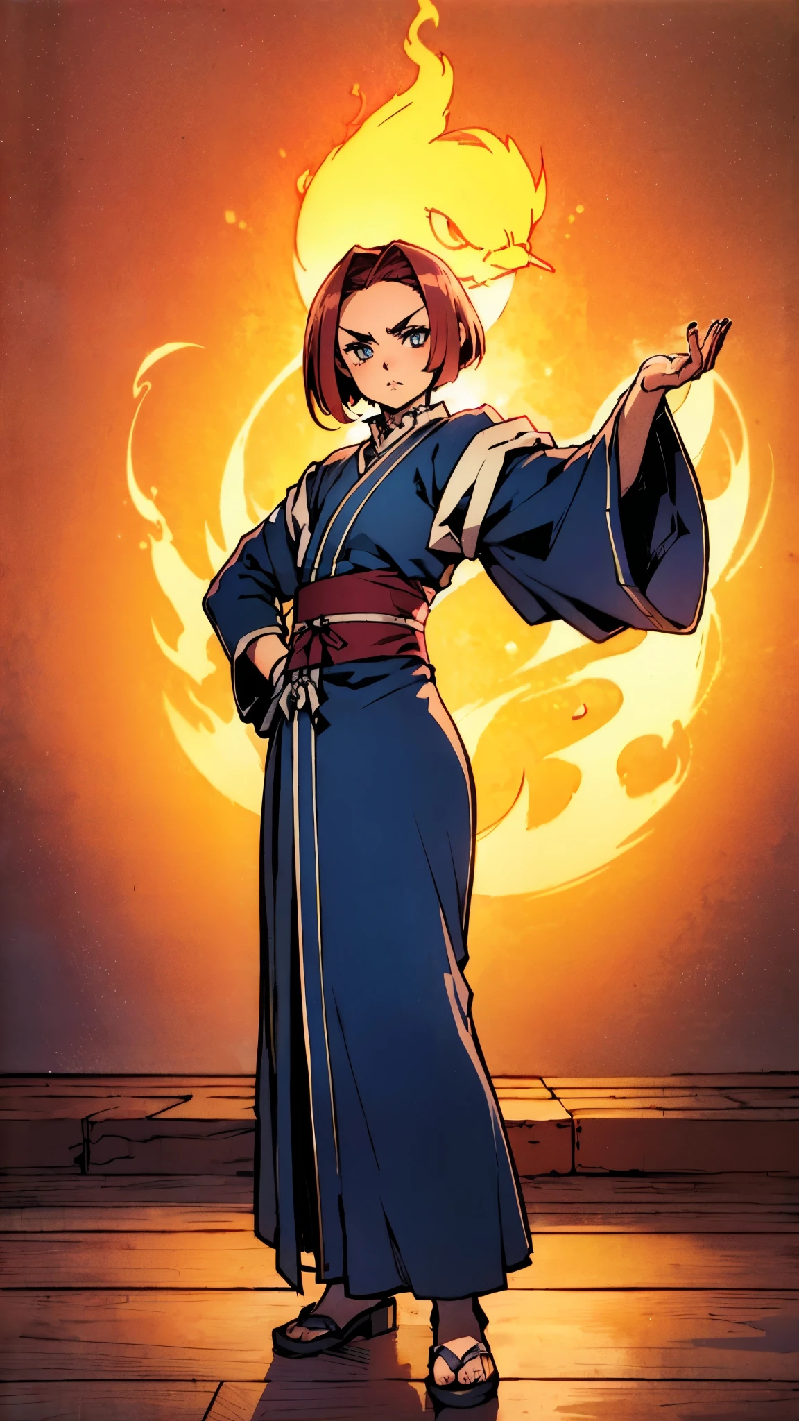 ((A woman with tousled vibrant red short hair, side-swept bangs, sharply arched eyebrows, sharp upward-arched thick eyebrows, sharp gaze, slender elongated face, a slim figure, a fantasy martial arts-style loose solid-color Daoist robe, wide billowing sleeves, a voluminous long skirt, orange as the main color, complemented by blue accents, a small bird formed of flames flies beside her, the scene is set in a fantasy-style Chinese lakeside courtyard)), this character embodies a finely crafted a fantasy martial arts practitioner in anime style, exquisite and mature manga art style, feminine, high definition, best quality, highres, ultra-detailed, ultra-fine painting, extremely delicate, professional, perfect body proportions, golden ratio, anatomically correct, symmetrical face, extremely detailed eyes and face, high quality eyes, creativity, RAW photo, UHD, 32k, Natural light, cinematic lighting, masterpiece-anatomy-perfect, masterpiece:1.5