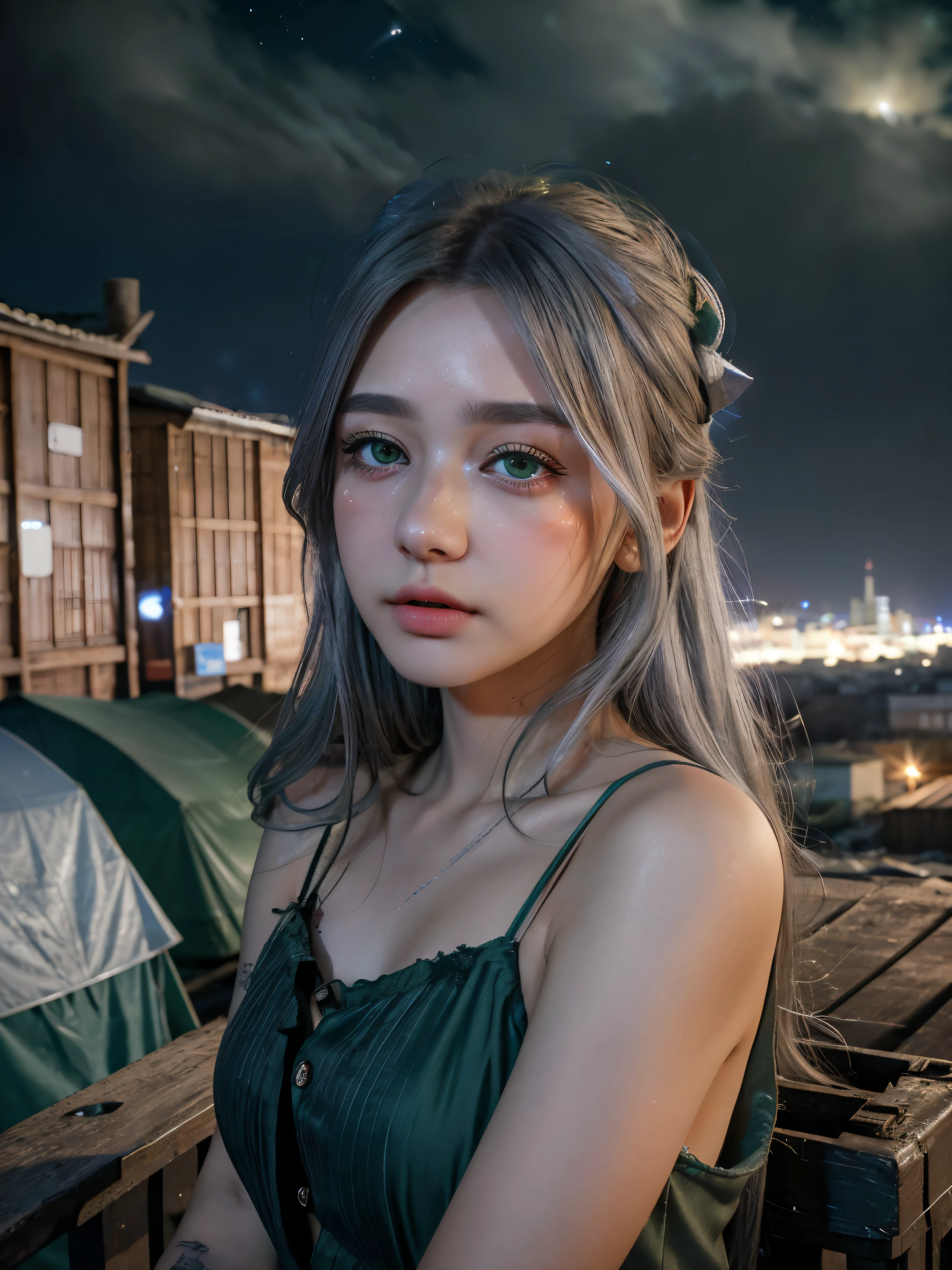 (4k), (highest quality), (best details)A shantytown at night with lots of falling stars、silver hair、green eyes、tattoo、torn dress、dirty face、despair、A beautiful gloomy French maiden looks up at the sky、