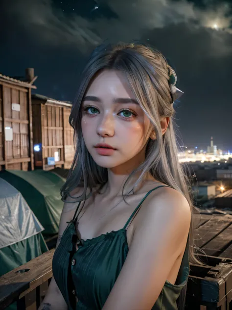 (4k), (highest quality), (best details)A shantytown at night with lots of falling stars、silver hair、green eyes、tattoo、torn dress...