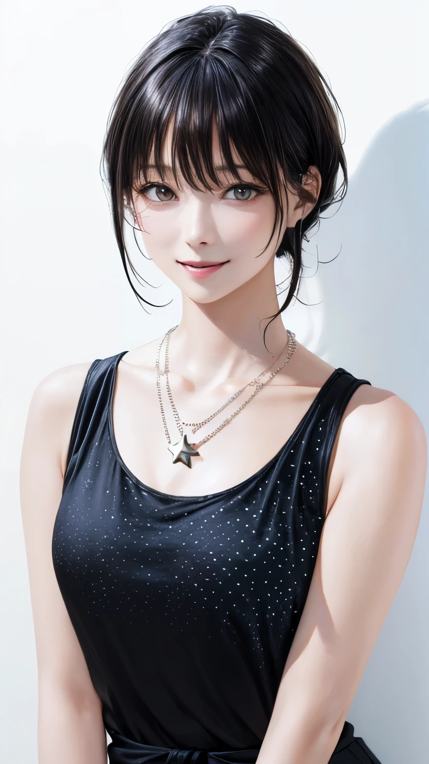 (highest quality、8K、32k、masterpiece)、(realistic)、(Photoreal:1.2)、(High resolution)、Super detailed、very beautiful face and eyes、1 girl、round and small face、thin waist、delicate body、(highest quality、high detail、Rich skin details)、(highest quality、8K、oil paint:1.2)、Super detailed、(realistic、realistic:1.37)、bright colors、(((black hair)))、(((medium hair)))、(((full body shot)))、(((pure white wall background)))、(((pure white wall background)))、(((I&#39;m smiling)))、(((I&#39;m wearing a polka dot tank top)))、(((look straight ahead)))、(((wearing a star necklace)))、(((Touching my mouth)))、(((put your hand on your lips)))、