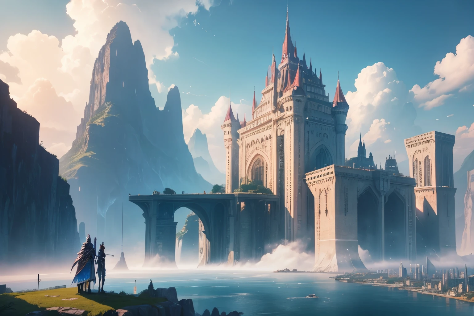 Huge castles and skyscrapers floating in the sky. Cyberpunk Isekai Fantasy Highest Quality Ultra High Definition Utopia Giant Waterfall 8K Mother Nature