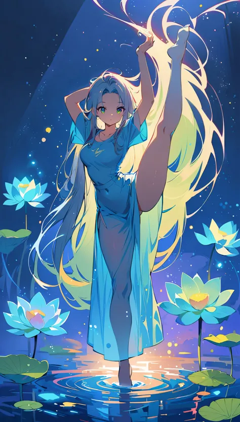 (masterpiece, best quality:1.2), In digital art style, charming illustration,peaceful picture，1girl, solo,standing_split,full body,a lotus，flowing long hair，body glow，long skirt，Glowing lines，fluorescence,glow example，Example tracking，flash，萤light particle...