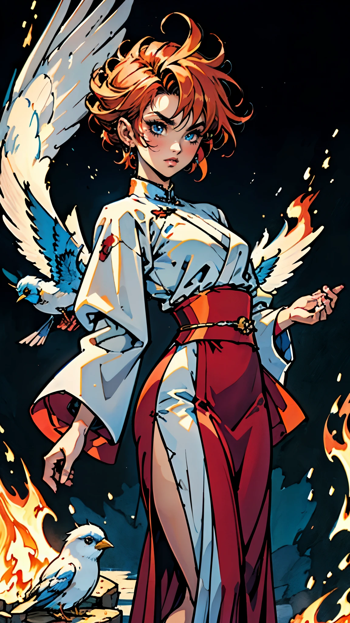 ((A woman with tousled vibrant red short hair, side-swept bangs, sharply arched eyebrows, sharp upward-arched thick eyebrows, sharp gaze, slender elongated face, a slim figure, a fantasy martial arts-style loose solid-color Daoist robe, wide billowing sleeves, a voluminous long skirt, orange as the main color, complemented by blue accents, a small bird formed of flames flies beside her, the scene is set in a fantasy-style Chinese lakeside courtyard)), this character embodies a finely crafted a fantasy martial arts practitioner in anime style, exquisite and mature manga art style, feminine, high definition, best quality, highres, ultra-detailed, ultra-fine painting, extremely delicate, professional, perfect body proportions, golden ratio, anatomically correct, symmetrical face, extremely detailed eyes and face, high quality eyes, creativity, RAW photo, UHD, 32k, Natural light, cinematic lighting, masterpiece-anatomy-perfect, masterpiece:1.5