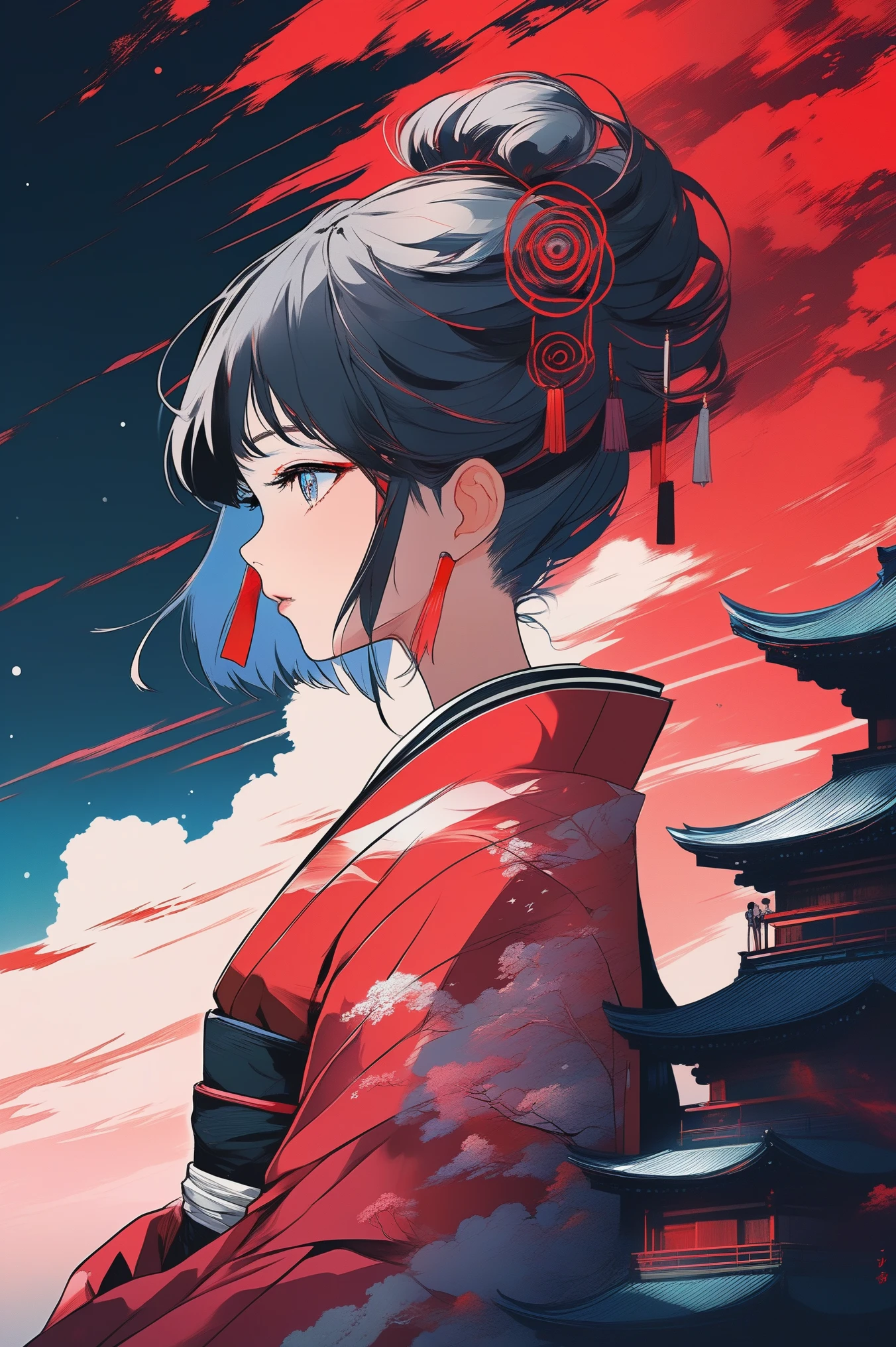 (best quality, sketch:1.2),realistic,illustrator,anime,1 girl, detailed lips, kimono,custom, black and red gradient background,neon hair,textured cropping, masterpiece, style retro classic, anime, a girl standing on a cliff looking at a spiral, cyberpunk art inspired by Yuumei, trending on pixiv, space art, makoto shinkai cyril rolando, cosmic skies. by makoto shinkai, dreamy psychedelic anime, beautiful anime scene, anime epic artwork, watching the sun set. anime, realism | beeple