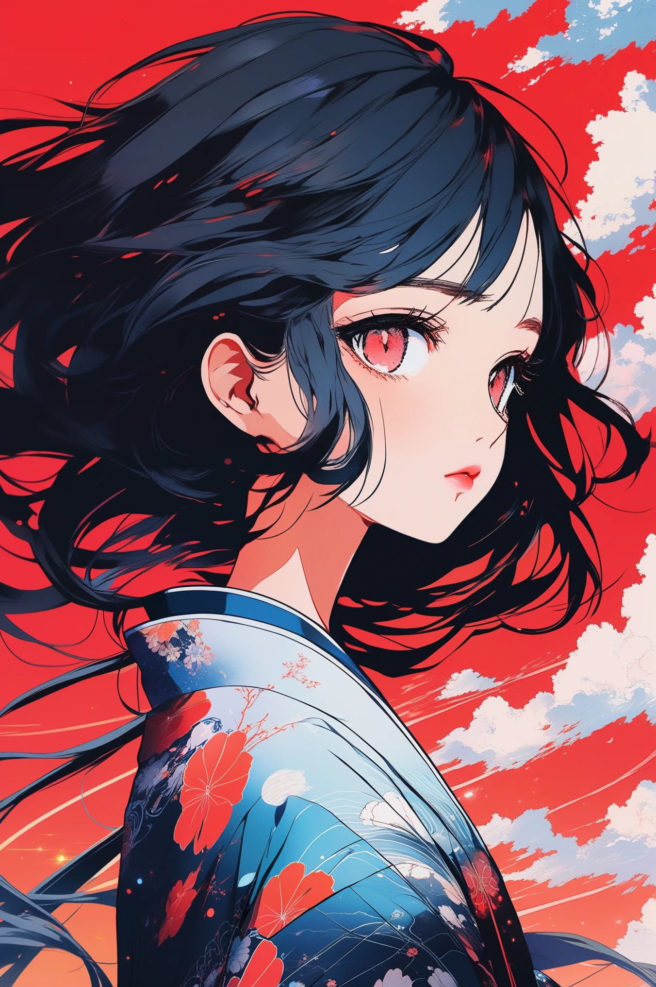 (best quality, sketch:1.2),realistic,illustrator,anime,1 girl, detailed lips, kimono,custom, black and red gradient background,neon hair,textured cropping, masterpiece, style modern, anime, a girl standing looking at a spiral, cyberpunk art inspired by Yumei, trending on art station, space art, makoto shinkai cyril rolando, cosmic skies. by makoto shinkai, dreamy psychedelic anime, beautiful anime scene, anime epic artwork, watching the sun set. anime, epic realism