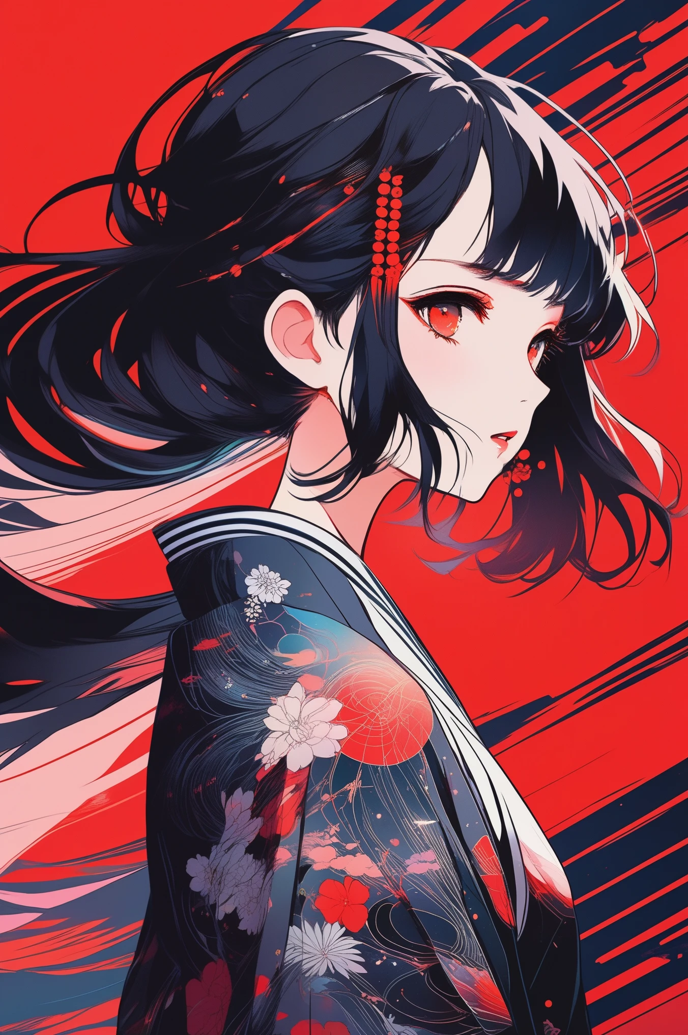 (best quality, sketch:1.2),realistic,illustrator,anime,1 girl, detailed lips, kimono,custom, black and red gradient background,neon hair,textured cropping, masterpiece, style modern, anime, a girl standing looking at a spiral, cyberpunk art inspired by Yumei, trending on art station, space art, makoto shinkai cyril rolando, cosmic skies. by makoto shinkai, dreamy psychedelic anime, beautiful anime scene, anime epic artwork, watching the sun set. anime, epic realism