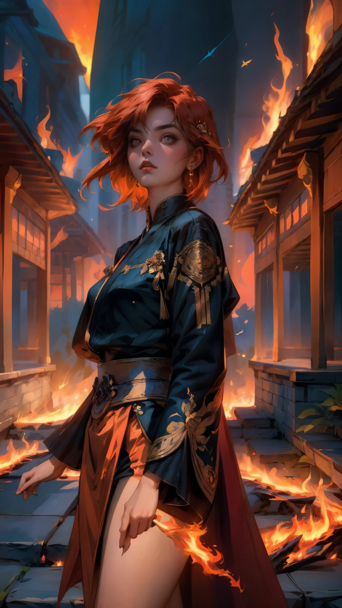 ((A woman with tousled vibrant red short hair, side-swept bangs, sharply arched eyebrows, sharp upward-arched thick eyebrows, sharp gaze, slender elongated face, a slim figure, a fantasy martial arts-style loose solid-color Daoist robe, wide billowing sleeves, a voluminous long skirt, orange as the main color, complemented by blue accents, a small bird formed of flames flies beside her, the scene is set in a fantasy-style Chinese lakeside courtyard)), this character embodies a finely crafted a fantasy martial arts practitioner in anime style, exquisite and mature manga art style, feminine, high definition, best quality, highres, ultra-detailed, ultra-fine painting, extremely delicate, professional, perfect body proportions, golden ratio, anatomically correct, symmetrical face, extremely detailed eyes and face, high quality eyes, creativity, RAW photo, UHD, 32k, Natural light, cinematic lighting, masterpiece-anatomy-perfect, masterpiece:1.5