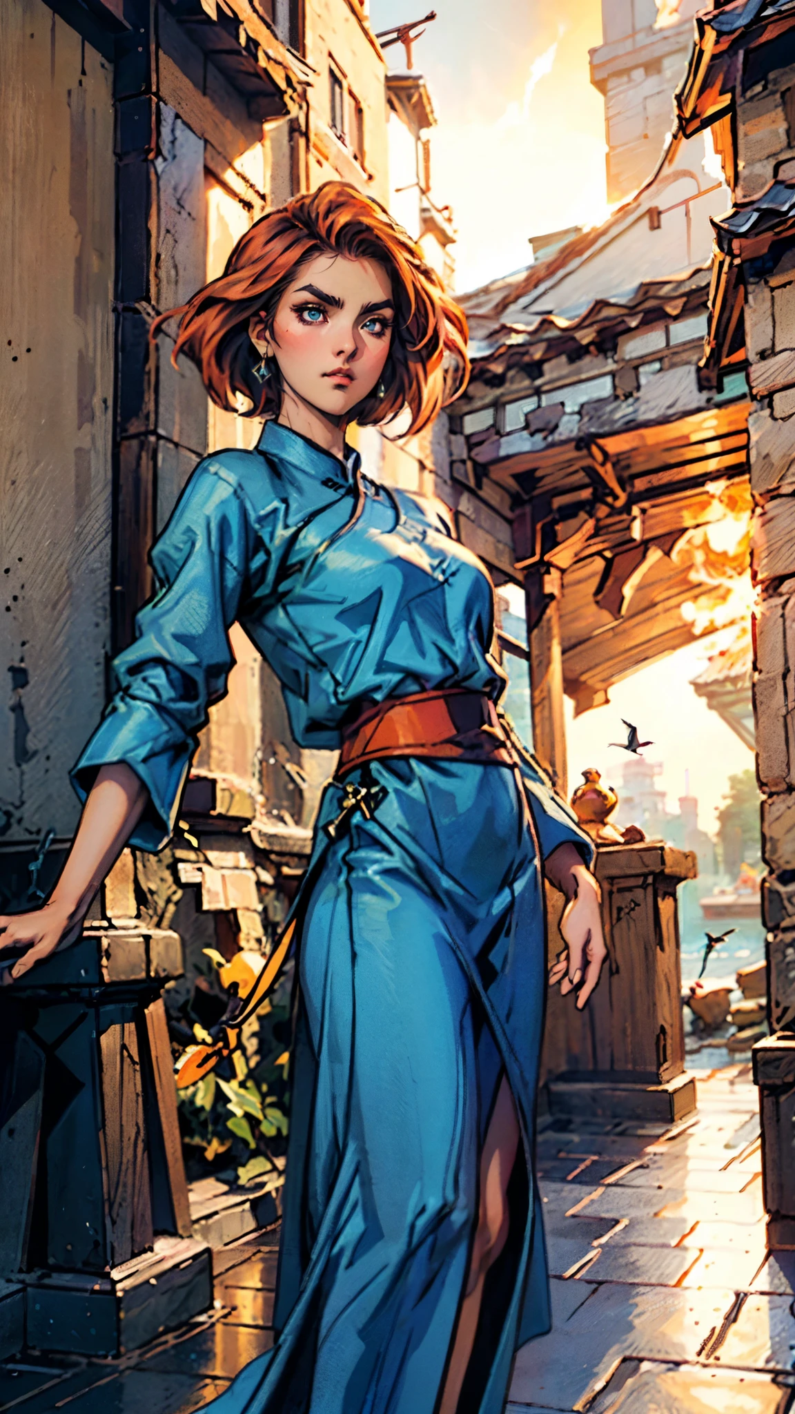 ((A woman with tousled vibrant red short hair, side-swept bangs, sharply arched eyebrows, sharp upward-arched thick eyebrows, sharp gaze, slender elongated face, a slim figure, a fantasy martial arts-style loose solid-color Daoist robe, wide billowing sleeves, a voluminous long skirt, orange as the main color, complemented by blue accents, a small bird formed of flames flies beside her, the scene is set in a fantasy-style Chinese lakeside courtyard)), this character embodies a finely crafted a fantasy martial arts practitioner in anime style, exquisite and mature manga art style, feminine, high definition, best quality, highres, ultra-detailed, ultra-fine painting, extremely delicate, professional, perfect body proportions, golden ratio, anatomically correct, symmetrical face, extremely detailed eyes and face, high quality eyes, creativity, RAW photo, UHD, 32k, Natural light, cinematic lighting, masterpiece-anatomy-perfect, masterpiece:1.5