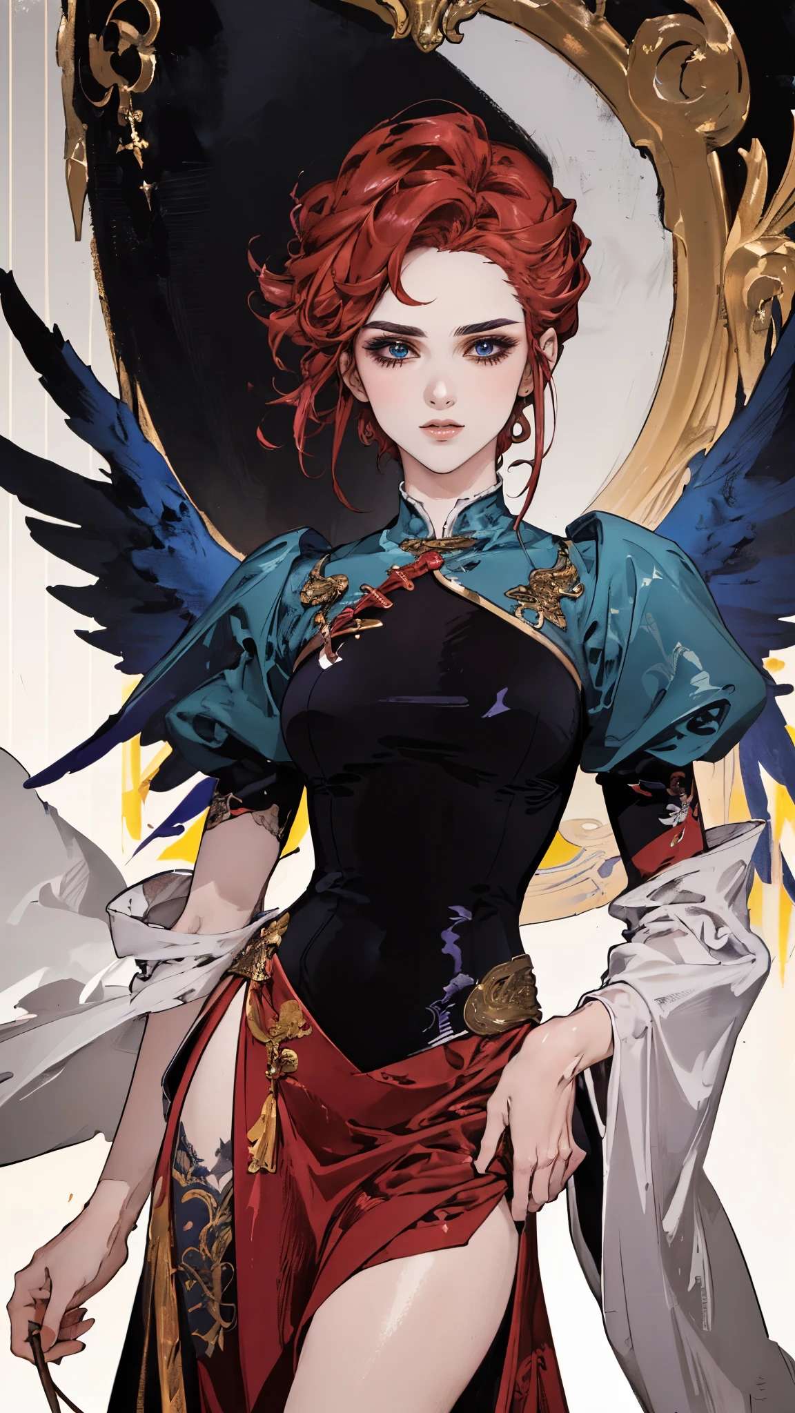 ((A woman with tousled vibrant red short hair, side-swept bangs, sharply arched eyebrows, sharp upward-arched thick eyebrows, sharp gaze, slender elongated face, a slim figure, a fantasy martial arts-style loose solid-color Daoist robe, wide billowing sleeves, a voluminous long skirt, orange as the main color, complemented by blue accents, a small bird formed of flames flies beside her, the scene is set in a fantasy-style Chinese lakeside courtyard)), this character embodies a finely crafted a fantasy martial arts practitioner in anime style, exquisite and mature manga art style, feminine, high definition, best quality, highres, ultra-detailed, ultra-fine painting, extremely delicate, professional, perfect body proportions, golden ratio, anatomically correct, symmetrical face, extremely detailed eyes and face, high quality eyes, creativity, RAW photo, UHD, 32k, Natural light, cinematic lighting, masterpiece-anatomy-perfect, masterpiece:1.5