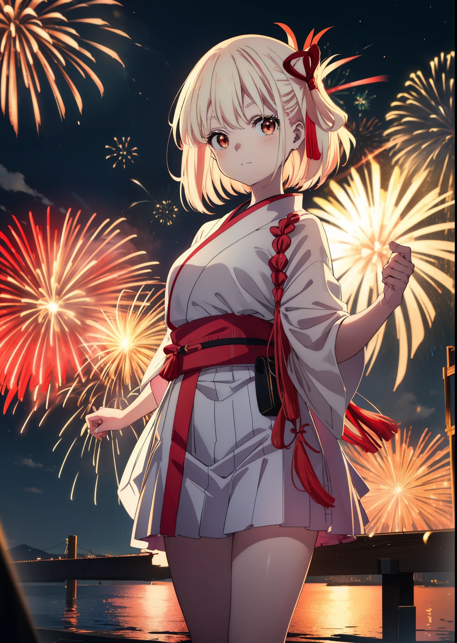 chisatonishikigi, Chisato Nishikigi, long hair, bangs, blonde hair, (red eyes:1.5), smile,blush,hair ribbon, hair tied back,light red yukata,mini skirt,Zori sandals,fireworks in the night sky,fireworks,The place is a fireworks display,Time is night、sunny day,turn around,So that the whole body goes into the illustration,
break outdoors, shrine,祭り
break looking at viewer, (cowboy shot:1.5),
break (masterpiece:1.2), highest quality, High resolution, unity 8k wallpaper, (figure:0.8), (detailed and beautiful eyes:1.6), highly detailed face, perfect lighting, Very detailed CG, (perfect hands, perfect anatomy),