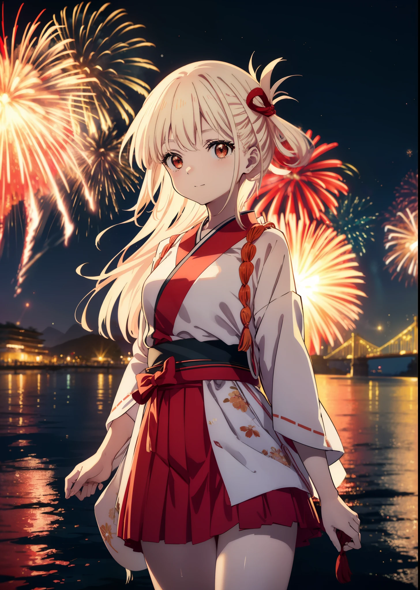 chisatonishikigi, Chisato Nishikigi, long hair, bangs, blonde hair, (red eyes:1.5), smile,blush, hair tied back,light red yukata,mini skirt,Zori sandals,fireworks in the night sky,fireworks,The place is a fireworks display,Time is night、sunny day,turn around,So that the whole body goes into the illustration,
break outdoors, shrine,祭り
break looking at viewer, (cowboy shot:1.5),
break (masterpiece:1.2), highest quality, High resolution, unity 8k wallpaper, (figure:0.8), (detailed and beautiful eyes:1.6), highly detailed face, perfect lighting, Very detailed CG, (perfect hands, perfect anatomy),