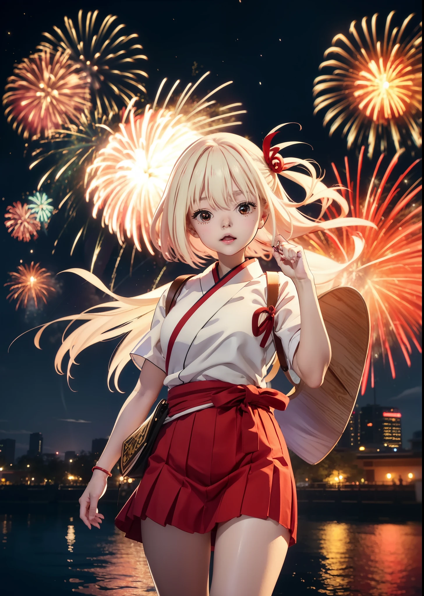 chisatonishikigi, Chisato Nishikigi, long hair, bangs, blonde hair, (red eyes:1.5), happy smile, smile, open your mouth,hair tied back,light red yukata,mini skirt,Zori sandals,fireworks in the night sky,fireworks,The place is a fireworks display,Time is night、sunny day,turn around,So that the whole body goes into the illustration,
break outdoors, shrine,祭り
break looking at viewer, (cowboy shot:1.5),
break (masterpiece:1.2), highest quality, High resolution, unity 8k wallpaper, (figure:0.8), (detailed and beautiful eyes:1.6), highly detailed face, perfect lighting, Very detailed CG, (perfect hands, perfect anatomy),