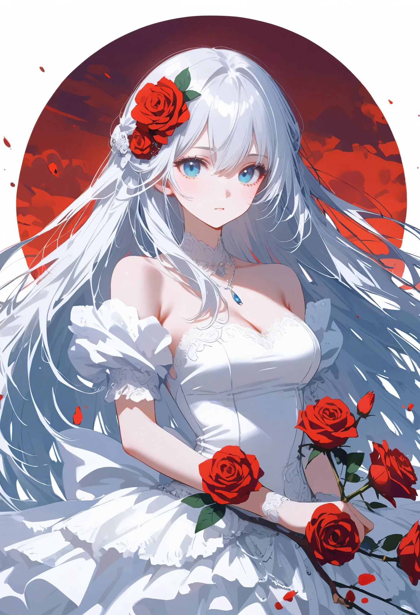 pure white hair，long hair，girl，sky blue eyes，（blood red moon：10），wearing white clothes，Wedding dress，bride，There are thorns on clothes，（Wearing red roses：5），（holding knife in hand:5），Front view