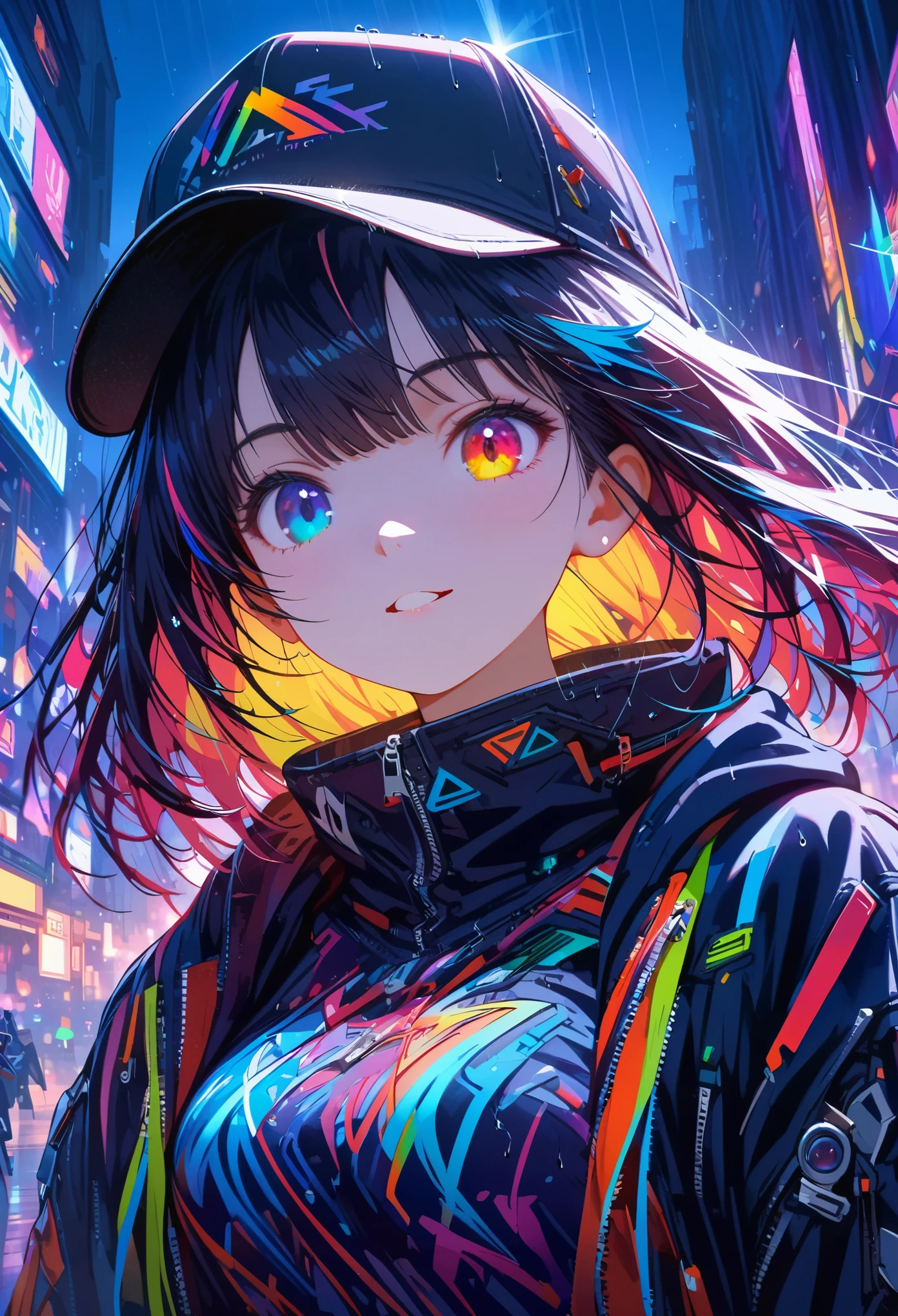 {{​Masterpiece,best work}}, top quality, Ultra-detailed CG Unity,8k wallpaper, lens flare, (Detailed beautiful eyes),particle,Miss,Berry short hair,cool face,((Colorful mechanical wool)),rainbow eyes,Heterochromia of the iris,Big deal,Black Purple Body,Inorganic black headwear,(Perfect Body),cyberpunk,Inorganic decoration,Body,cable,low angle,Whole BodyEsbian,a sexy,high heels boots,night city,rain,Eyes looking down,perfect hands.