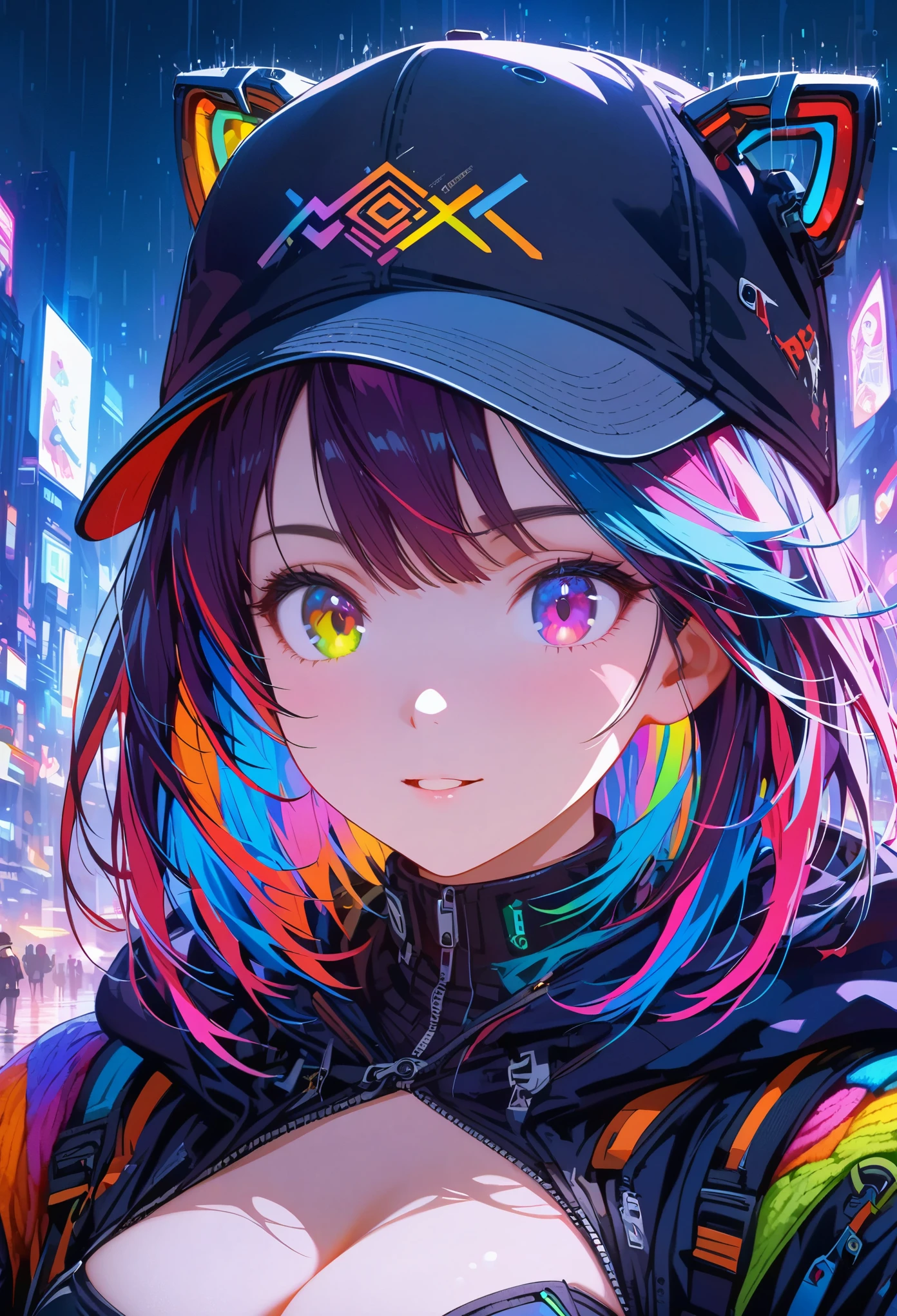 {{​Masterpiece,best work}}, top quality, Ultra-detailed CG Unity,8k wallpaper, lens flare, (Detailed beautiful eyes),particle,Miss,Berry short hair,cool face,((Colorful mechanical wool)),rainbow eyes,Heterochromia of the iris,Big deal,Black Purple Body,Inorganic black headwear,(Perfect Body),cyberpunk,Inorganic decoration,Body,cable,low angle,Whole BodyEsbian,a sexy,high heels boots,night city,rain,Eyes looking down,perfect hands.