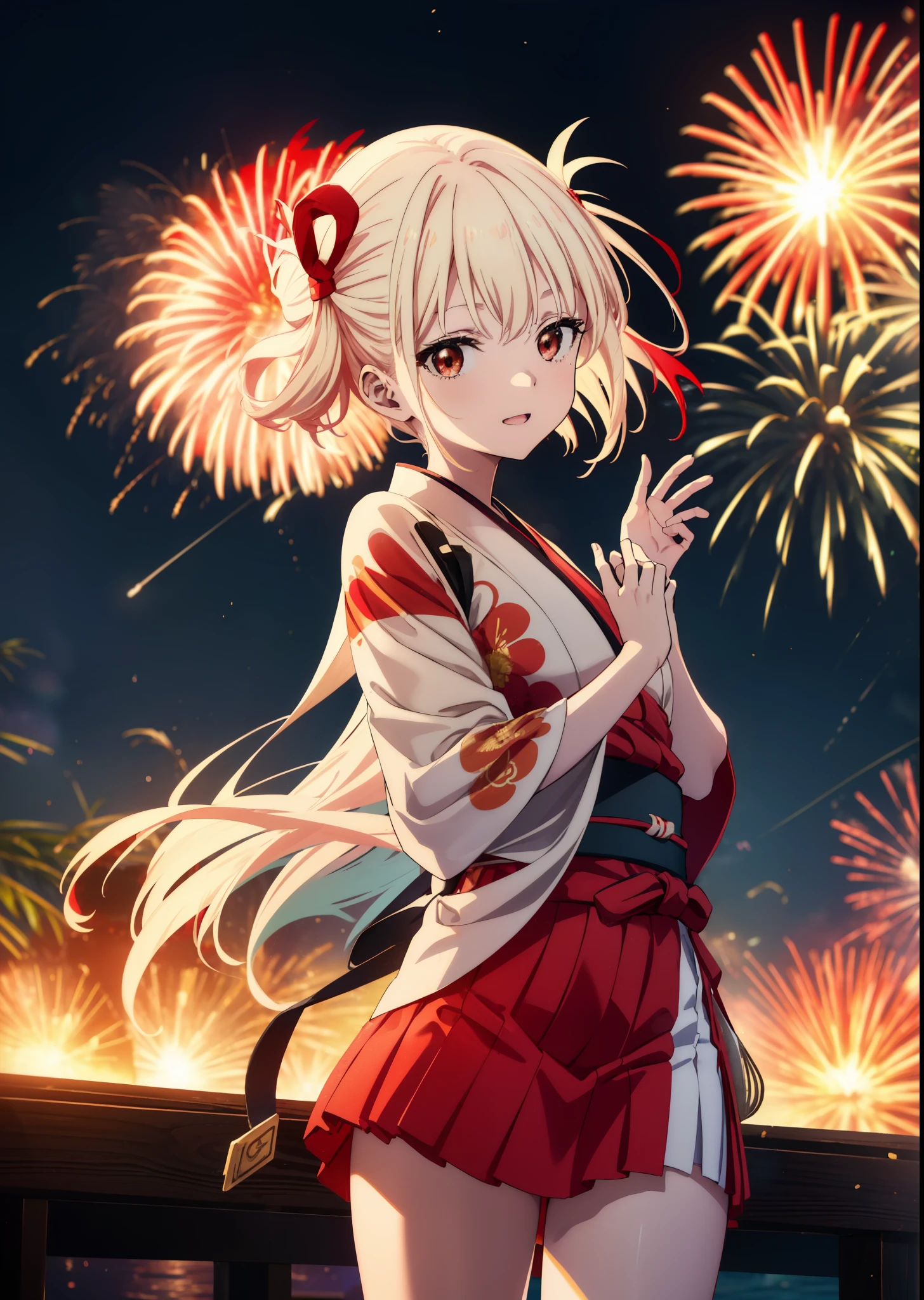 chisatonishikigi, Chisato Nishikigi, long hair, bangs, blonde hair, (red eyes:1.5), happy smile, smile, open your mouth,hair tied back,light red yukata,mini skirt,Zori sandals,fireworks in the night sky,fireworks,The place is a fireworks display,Time is night、sunny day,turn around,So that the whole body goes into the illustration,
break outdoors, shrine,祭り
break looking at viewer, (cowboy shot:1.5),
break (masterpiece:1.2), highest quality, High resolution, unity 8k wallpaper, (figure:0.8), (detailed and beautiful eyes:1.6), highly detailed face, perfect lighting, Very detailed CG, (perfect hands, perfect anatomy),