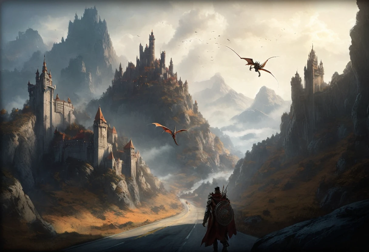 A landscape with a flying dragon, mountains, castles and three heroes on the road. Game dice flying in the air. Double exposure. A rough charcoal colored sketch. In the styles of Gerald Brom and Benedick Bana.  ultra-fine details, dramatic lighting, sharp focus, studio setting, artistically trending on ArtStation, intricate details,digital rendering. sharp focus, studio photo, intricate details, highly detailed