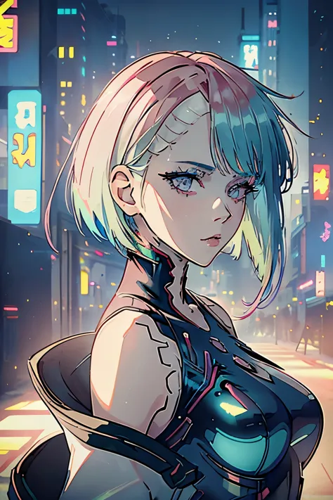 1girl, solo, lucy \(cyberpunk\), cyberpunk \(series\), asymmetrical hair, short hair, blue hair, green hair, pink hair, multicol...