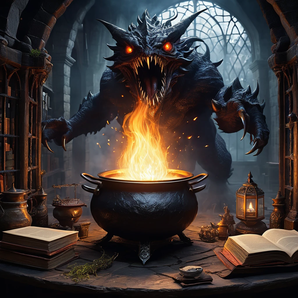 A monster, beholder, uses magic to levitate a cookbook in front of its enormous central eye. Nearby is a cauldron on a fire. A group of adventurers are caged. D&D