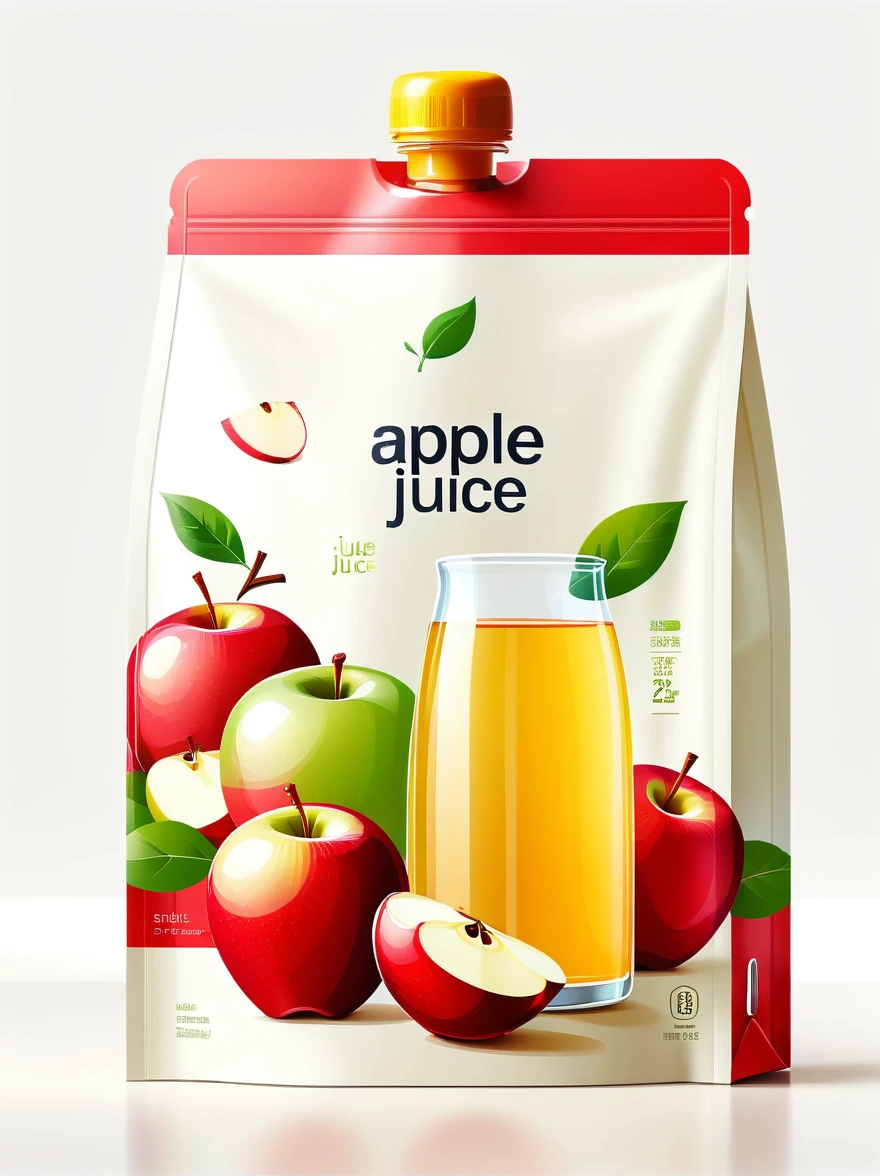 Modern packaging design, (1 bag of dried green apple products)，(center:1.3)，Flat style dried green apple illustration，full of nutrition，Simple white background，HD resolution，simple style，actual，Natural light, Glossy plastic packaging bag