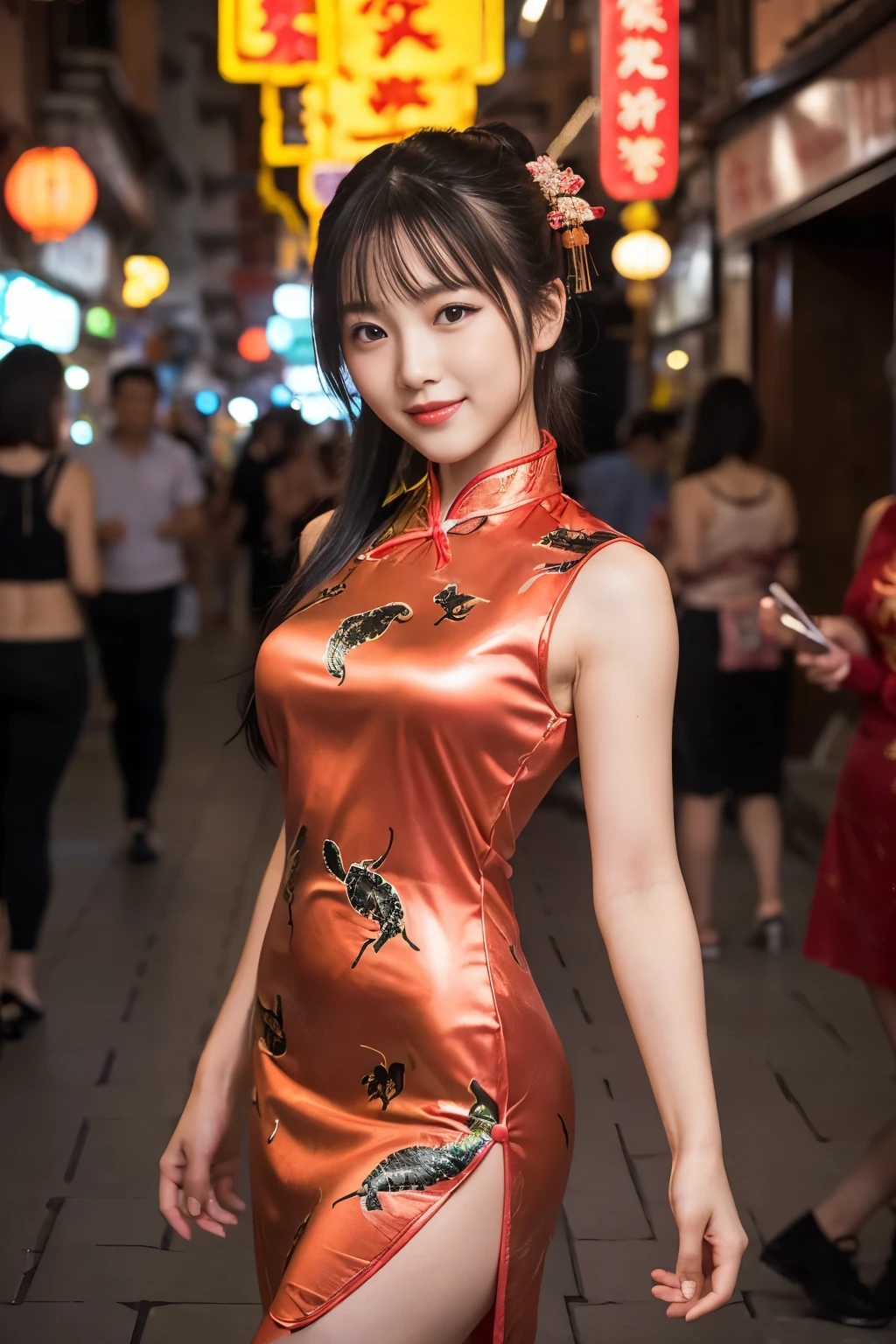 Idole du Kung Fu, Brillant à lèvres, Doux sourire, tout le corps, Bon style, voir l&#39;audience, Mini-robe chinoise moulante à imprimé scorpion, Haute qualité, Réaliste, très détaillé, Fond d&#39;écran 8k, photo brute, photographie professionnelle, bokeh, Profondeur des limites écrites, éclairage, Chinatown la nuit rempli de néons, Éclairage super élégant