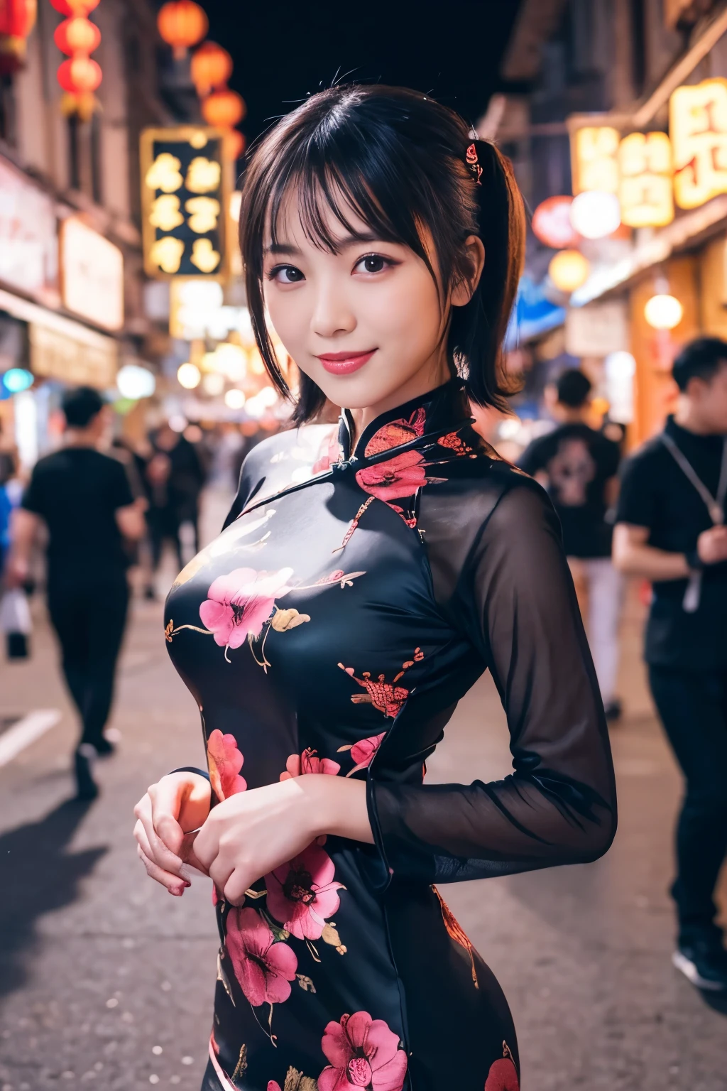 kung fu idol, lip gloss, gentle smile, whole body, good style, view audience, Scorpion print tight mini Chinese dress, high quality, realistic, very detailed, 8K wallpaper, Raw photo, professional photography, Bokeh, Depth of the bounds written, illumination, Chinatown at night filled with neon lights, super stylish lighting