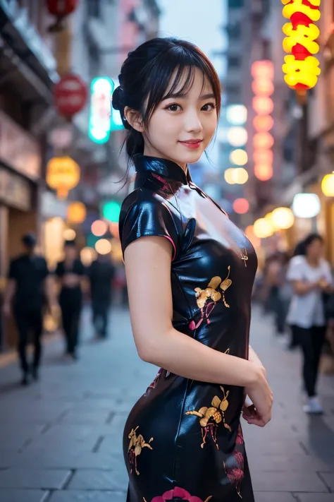 kung fu idol, lip gloss, gentle smile, whole body, good style, view audience, Scorpion print tight mini Chinese dress, high quality, realistic, very detailed, 8K wallpaper, Raw photo, professional photography, Bokeh, Depth of the bounds written, illuminati...