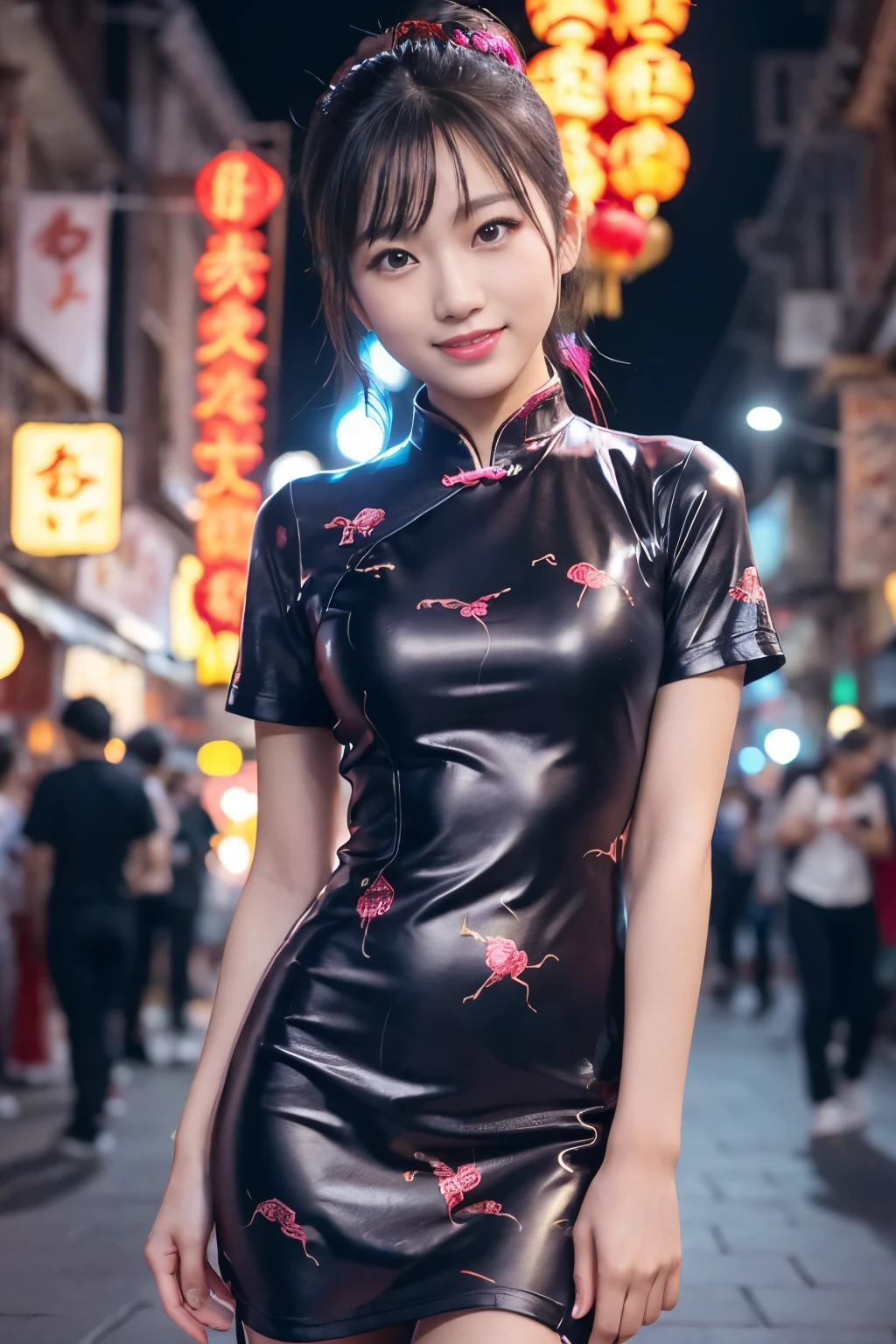 kung fu idol, lip gloss, gentle smile, whole body, good style, view audience, Scorpion print tight mini Chinese dress, high quality, realistic, very detailed, 8K wallpaper, Raw photo, professional photography, Bokeh, Depth of the bounds written, illumination, Chinatown at night filled with neon lights, super stylish lighting