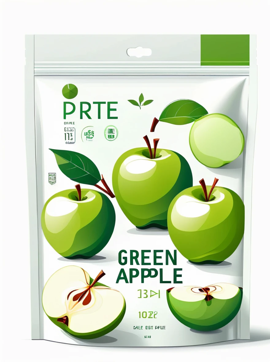 Modern packaging design, (1 bag of dried green apple products)，(center:1.3)，Flat style dried green apple illustration，full of nutrition，Simple white background，HD resolution，simple style，actual，Natural light, Glossy plastic packaging bag