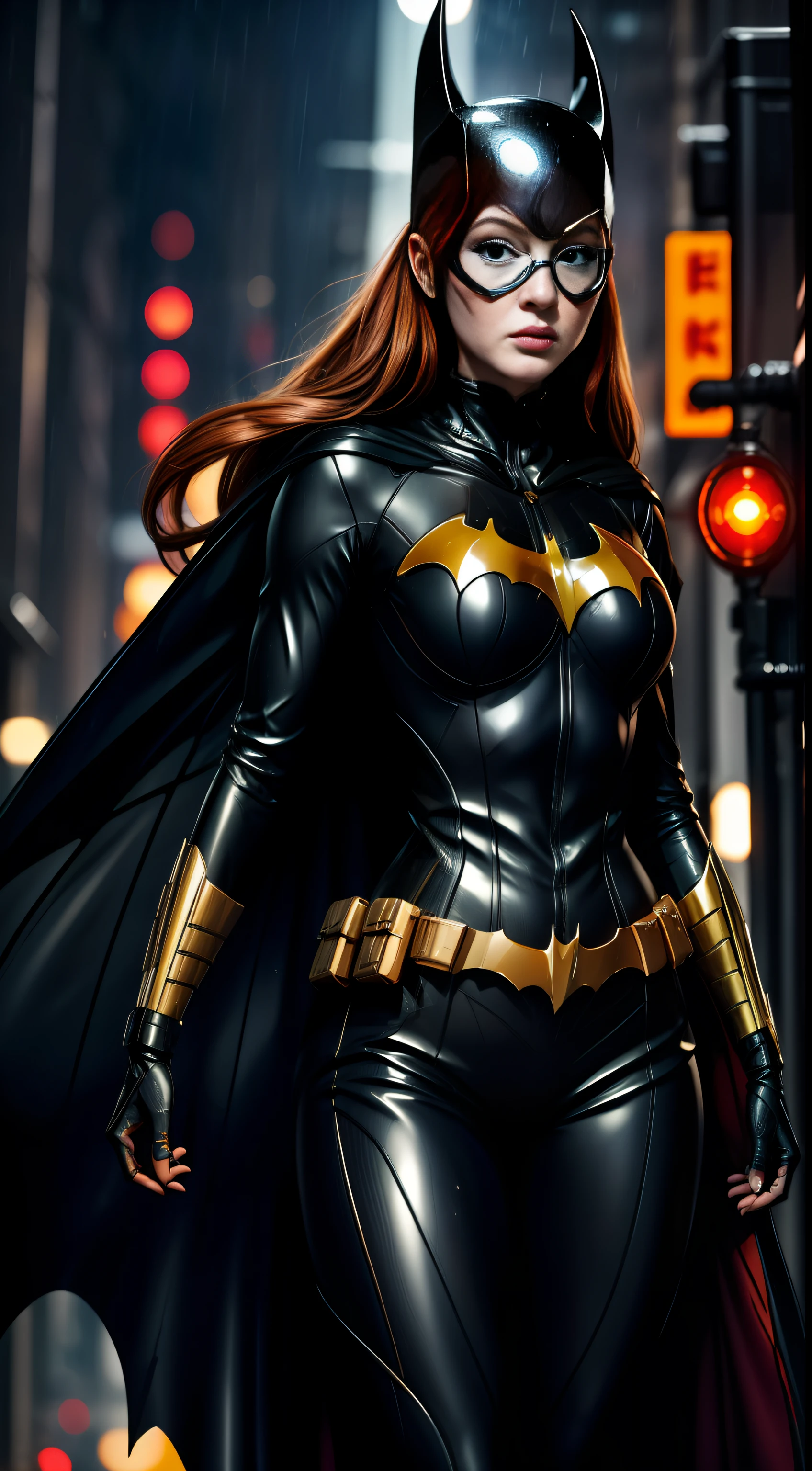 barbara gordon, anime, beauty, Batgirl clothes, Batgirl cosplay, wind effect, full body photo, prominent figure, standing on the edge of a skyscraper, night, photo (Masterpiece) (Best quality) (Detail) (8K) (HD) (Wallpaper) (Cinematic lighting) (Sharp focus) (Intricate), sexy, rain, wet, rays, best quality, ultra high resolution, photorealistic, full body portrait, incredibly beautiful,  dynamic poses, detailed skin texture, highly detailed skin, detailed face,