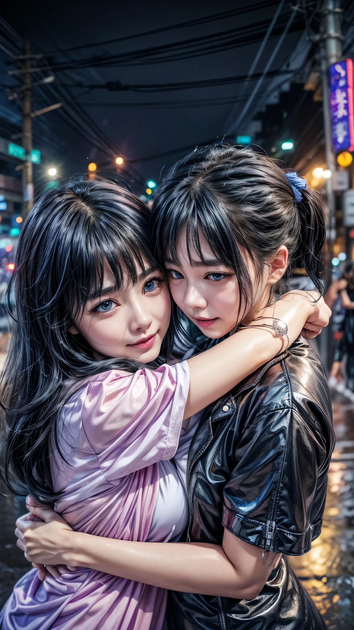 Duas garotas bonitas se abraçam, de costas sob chuva forte na rua em uma cidade cyberpunk, vestindo uniforme de colégio japonês, elas têm um rosto bonito e gelado, Olhos azuis detalhados, lábios sensuais, corpo magro com postura sexy, peito gordo e caído, pele macia e suave,