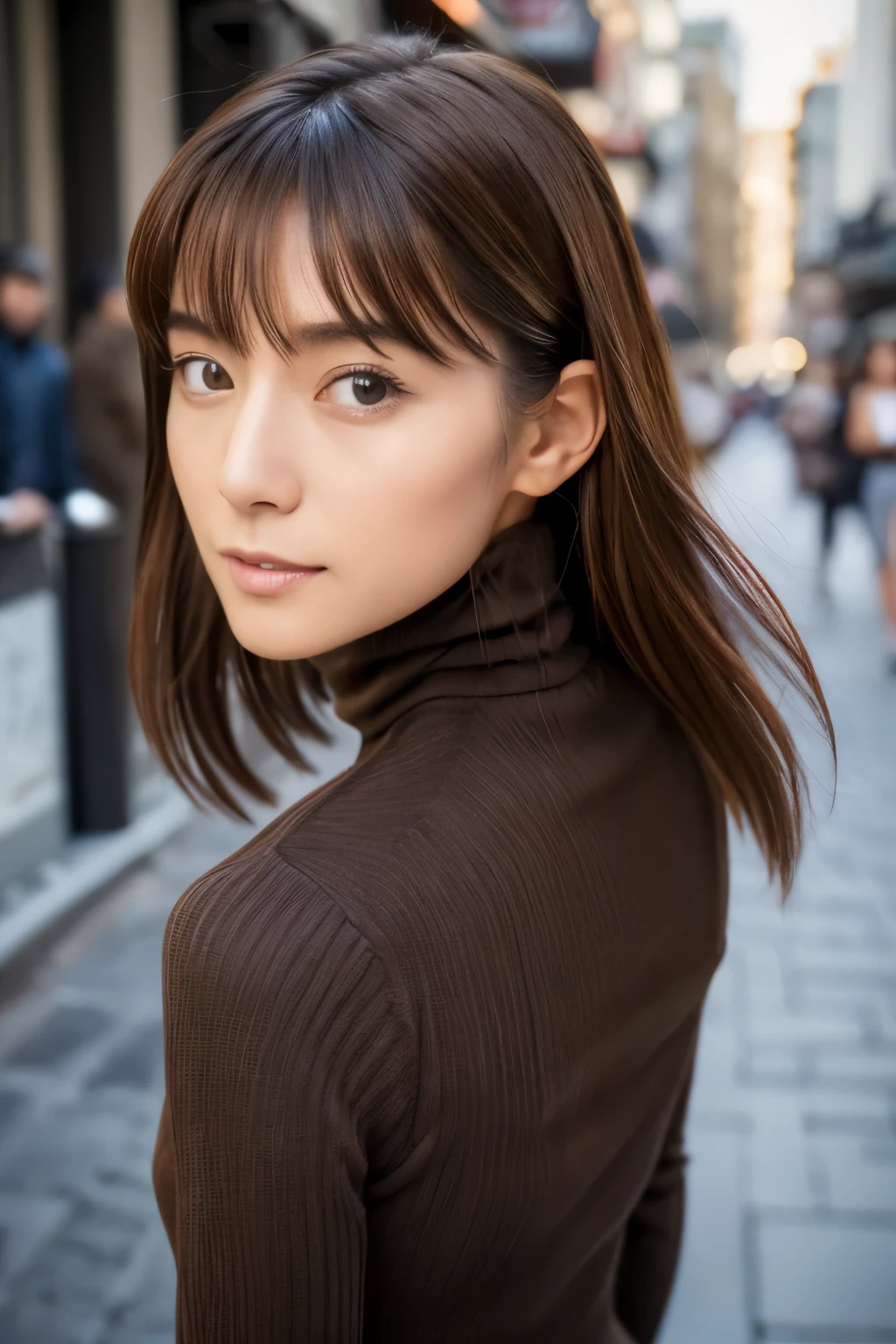 ((top-quality, in 8K, masterpiece:1.3)), Beautiful Japanese woman, perfect body:1.4, Slim abs:1.2, ((Straight hair:1.2)), (turtle neck:1.1), (a street:1.2), wetbody:1.5, Three-dimensional texture, A detailed eye, Brown hair, very thin waist, posterior view, looking back to the viewers