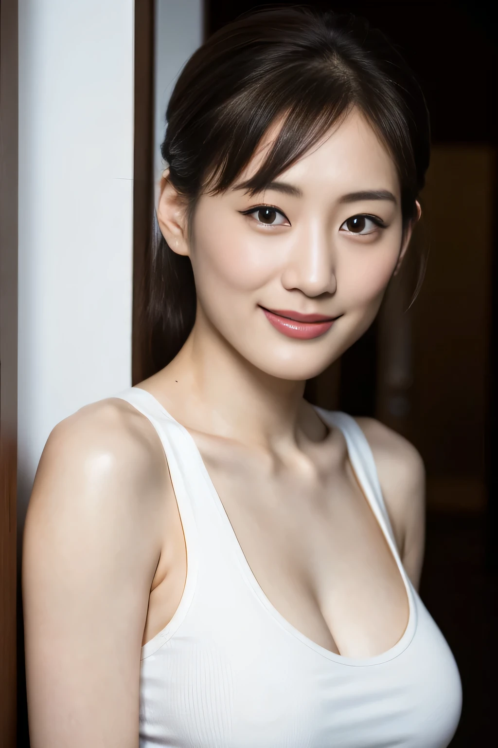 (highest quality,8K,masterpiece,realistic),
very beautiful japanese model,smile,30 years old,sharp face line,
big breasts,
black tank top,