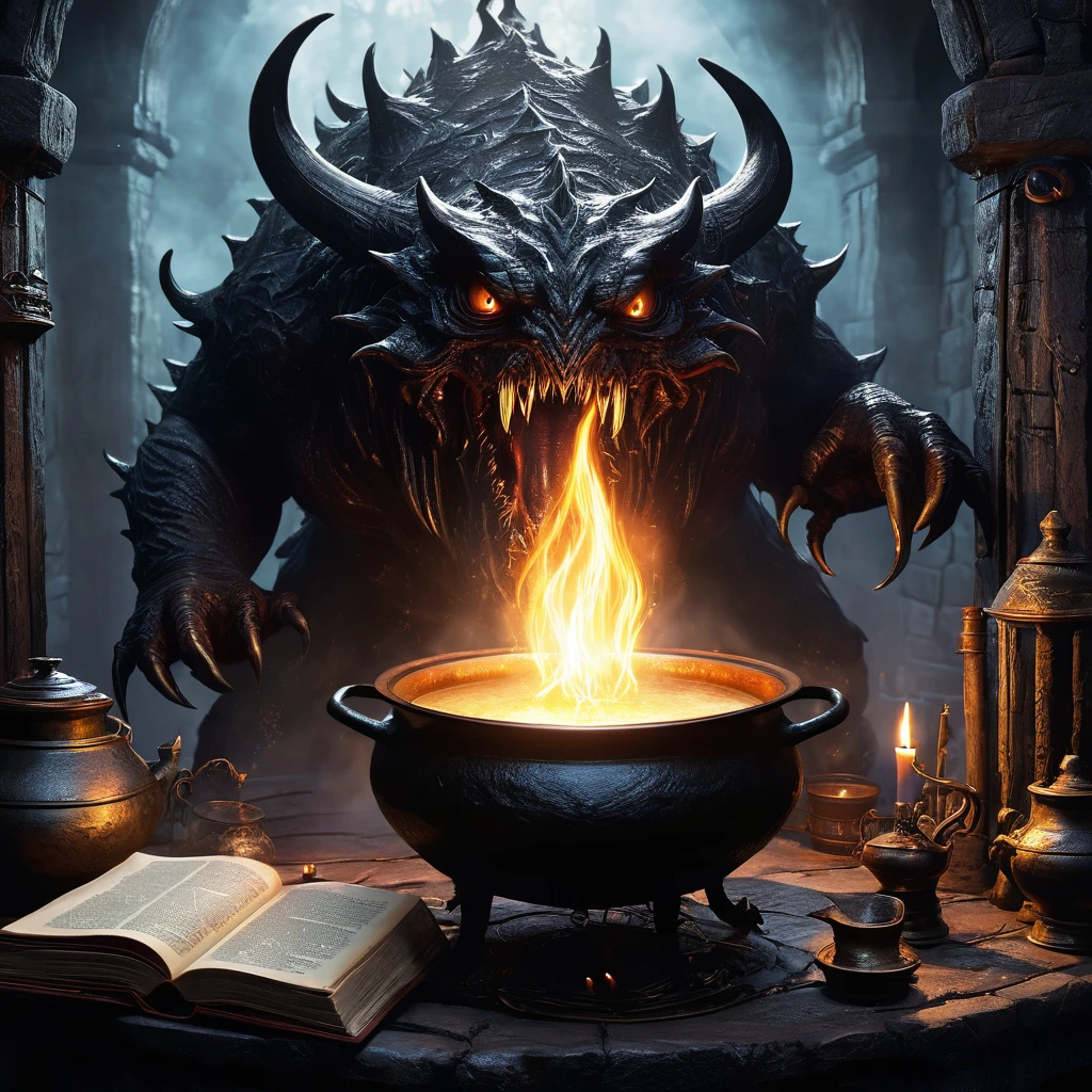 (best quality:1.2,ultra-detailed,realistic:1.37),monster,behemoth,demonic presence,magic,levitating cookbook,central eye, enormous eye,sinister,cauldron,fire,adventurers,caged,Dungeons&Dragons,menacing,shadowy,restrained,magical aura,creepy atmosphere,ominous,spellbound,mystical,enchanted,spell-casting,monstrous,dark fantasy,dimly lit,struggling,wizardry,unearthly,hovering,menacing presence,enchanting recipe,sorcery,spells,conjured,terrifying magics,runic symbols,mythical,mysterious,unleashing power