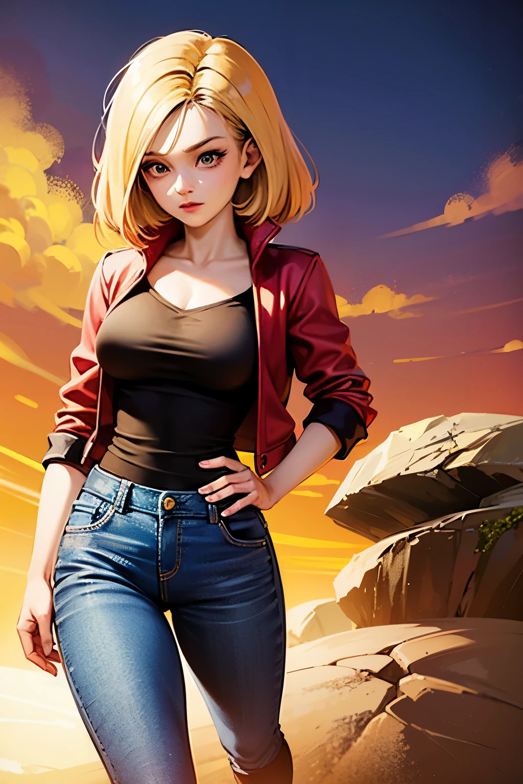 Women androide 18 rubia cabello liso  corto, chaqueta y falda  jeans dragonball z,anime art epic,detallado, hd,wallpaper, epic estilo fotografia, DBZ,fan art dragonball,art digital, obra maestra 