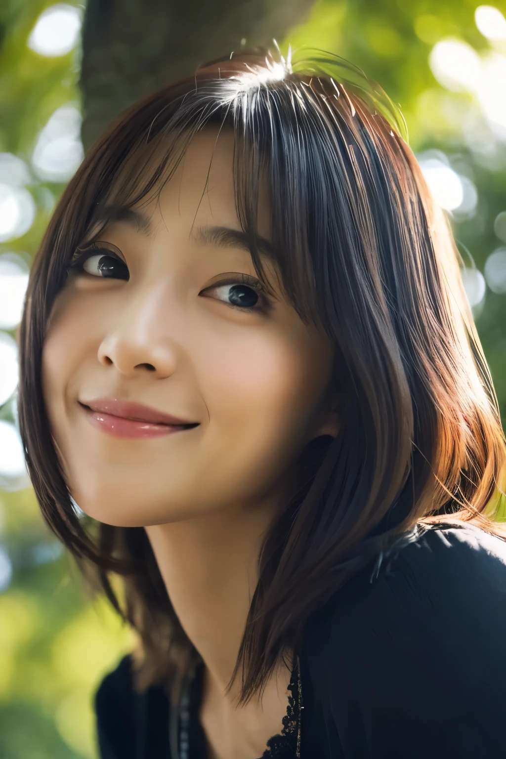 cinematic photo, Skinny Japanese woman, 30 years old, cute face, detailed face, detailed eyes, slight smile, close shot, (face upward:0.7), looking at viewer, (sun light and tree shadow on the face), (masterpiece:1.2), (best quality:1.2), (extremely detailed:1.2), (photorealistic:1.1), (ultra detailed), . 35mm photograph, film, bokeh, professional, 4k, highly detailed