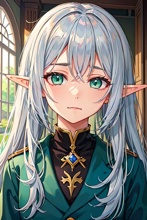 elf girl。gray haired。long hair。look here。face up portrait。sad expression。Smile。elf anime。Like a free ren at a funeral。animation。...