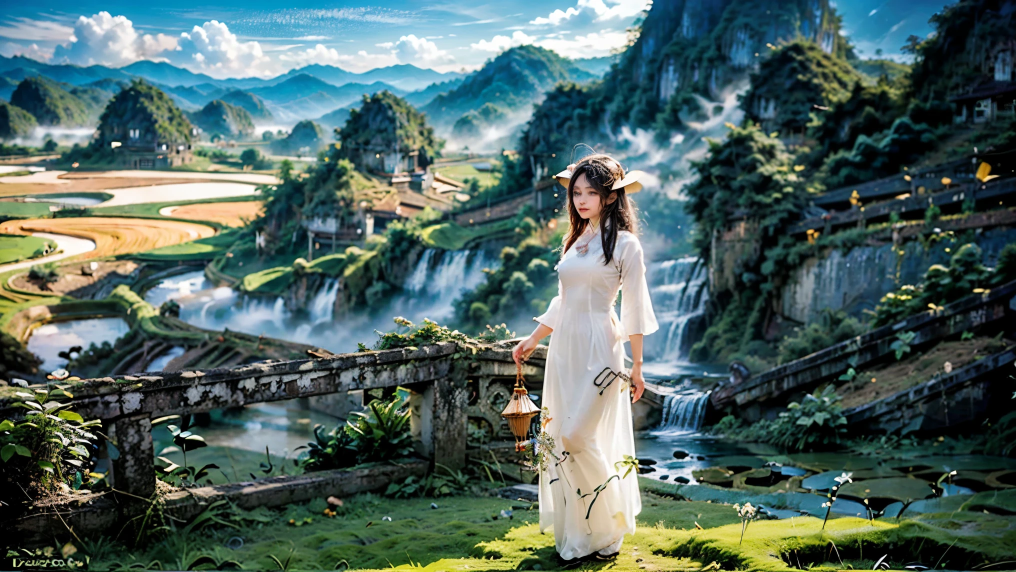 ((A beautiful picture depicting a Vietnamese hometown)), The focus of the scene is on a field with steps leading up to a staircase. In the field, there are Vietnamese farmers working diligently. The atmosphere is filled with the warm glow of beautiful sunshine, creating a cinematic lighting effect. The image is captured using a Sony FE GM lens, which ensures high-quality visuals. The composition of the image is a wide shot, showcasing the vastness and beauty of the landscape. capturing the essence of everyday life. The level of detail in this artwork is exceptionally high, allowing for a realistic and immersive experience. The color palette is vibrant and vivid, enhancing the visual impact. (Asia), ((Vietnam)), ((Vietnam's traditional Ao Dai)), (beautiful Vietnamese women), water buffaloes, ((rice farm)), great mountains
