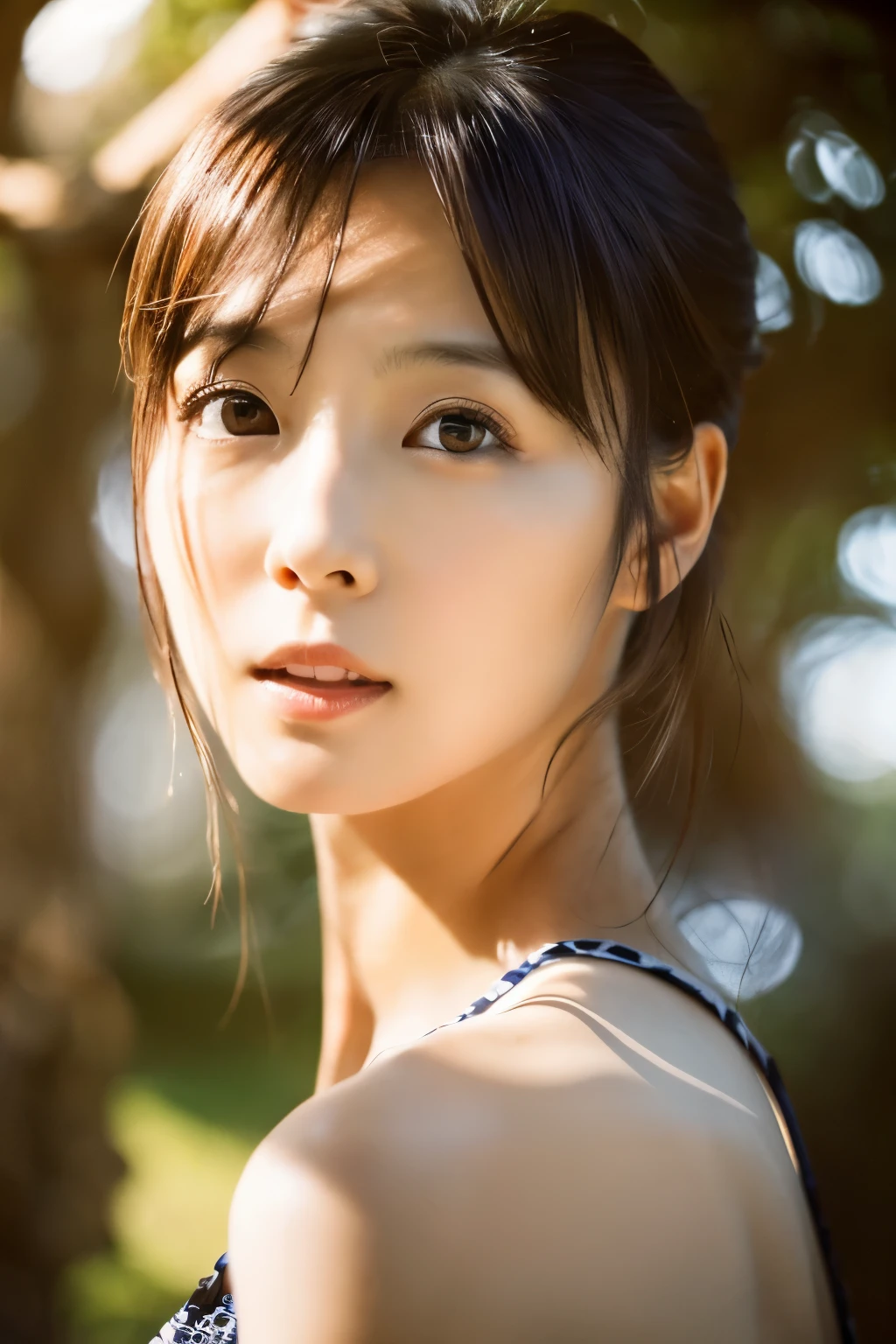 cinematic photo, Skinny Japanese woman, 30 years old, cute face, detailed face, detailed eyes, bare shoulders, (face upward:0.7), looking at viewer, (sun light and tree shadow on the face), (masterpiece:1.2), (best quality:1.2), (extremely detailed:1.2), (photorealistic:1.1), (ultra detailed), . 35mm photograph, film, bokeh, professional, 4k, highly detailed