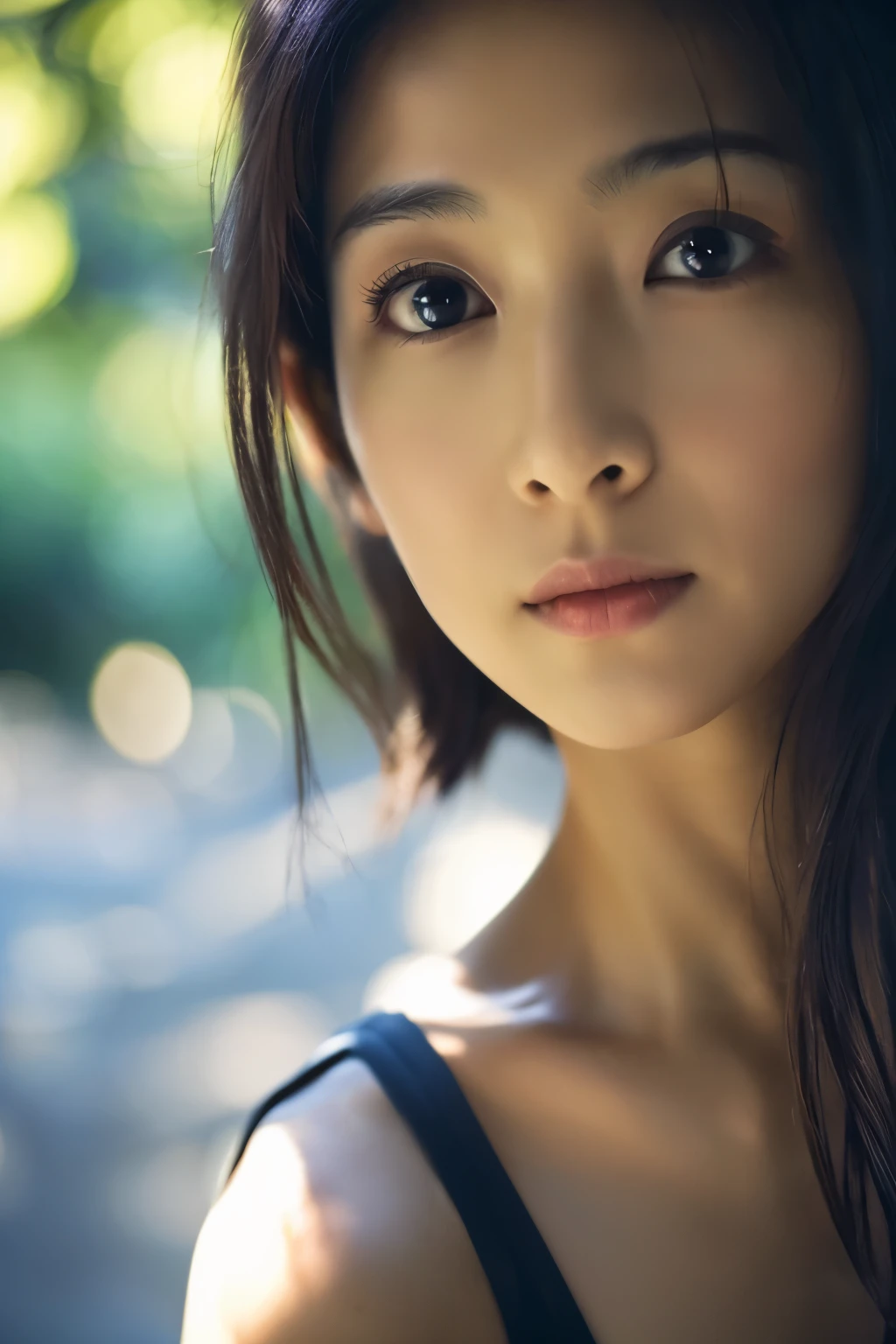 cinematic photo, Skinny Japanese woman, 30 years old, cute face, detailed face, detailed eyes, bare shoulders, (face upward:0.7), looking at viewer, (sun light and tree shadow on the face), (masterpiece:1.2), (best quality:1.2), (extremely detailed:1.2), (photorealistic:1.1), (ultra detailed), . 35mm photograph, film, bokeh, professional, 4k, highly detailed