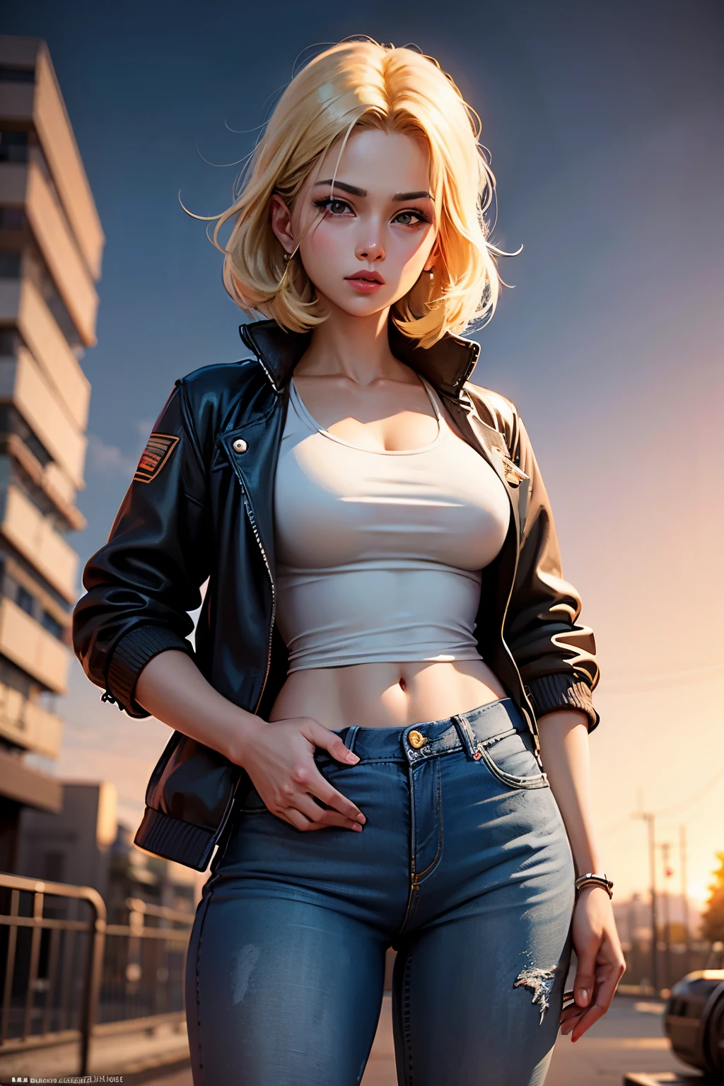 Women androide 18 rubia cabello liso  corto, chaqueta y falda  jeans dragonball z,anime art epic,detallado, hd,wallpaper, epic estilo fotografia, DBZ,fan art dragonball,art digital, obra maestra 