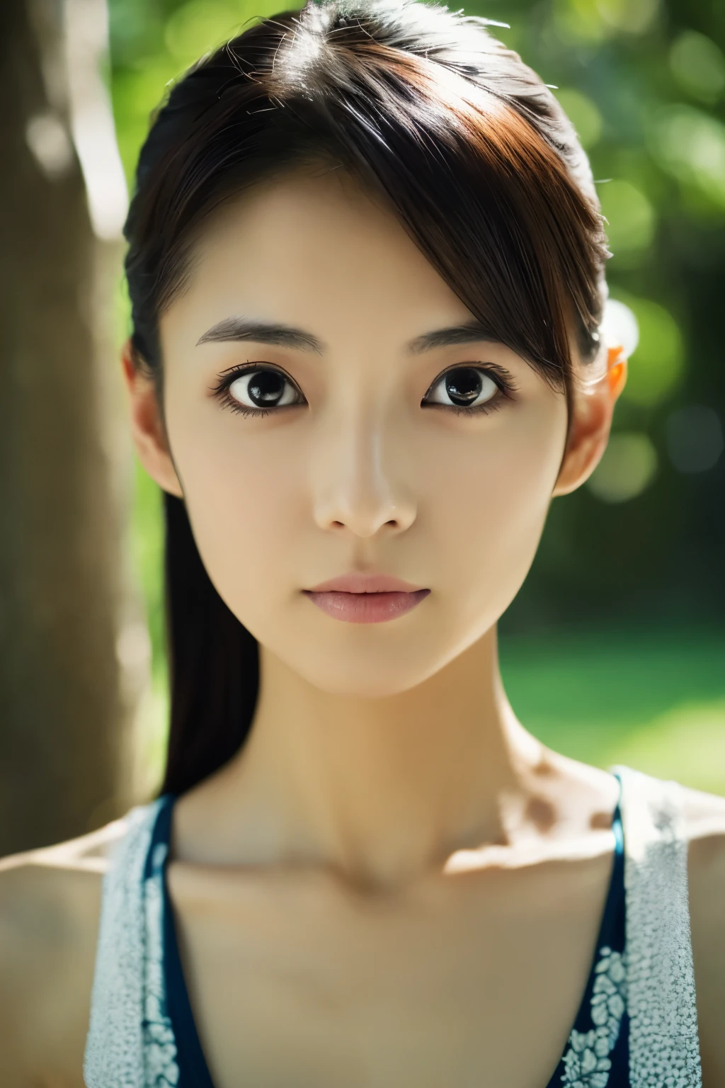 cinematic photo, Skinny Japanese woman, 30 years old, cute face, detailed face, detailed eyes, bare shoulders, very thin waist, (face upward:0.7), looking at viewer, (sun light and tree shadow on the face), (masterpiece:1.2), (best quality:1.2), (extremely detailed:1.2), (photorealistic:1.1), (ultra detailed), . 35mm photograph, film, bokeh, professional, 4k, highly detailed