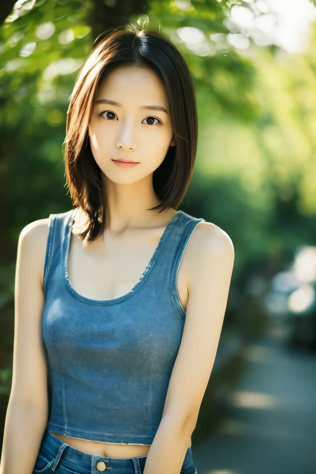 cinematic photo, Skinny Japanese woman, 30 years old, cute face, detailed face, detailed eyes, bare shoulders, tubetop, very thin waist, (face upward:0.7), looking at viewer, (sun light and tree shadow on the face), (masterpiece:1.2), (best quality:1.2), (extremely detailed:1.2), (photorealistic:1.1), (ultra detailed), . 35mm photograph, film, bokeh, professional, 4k, highly detailed