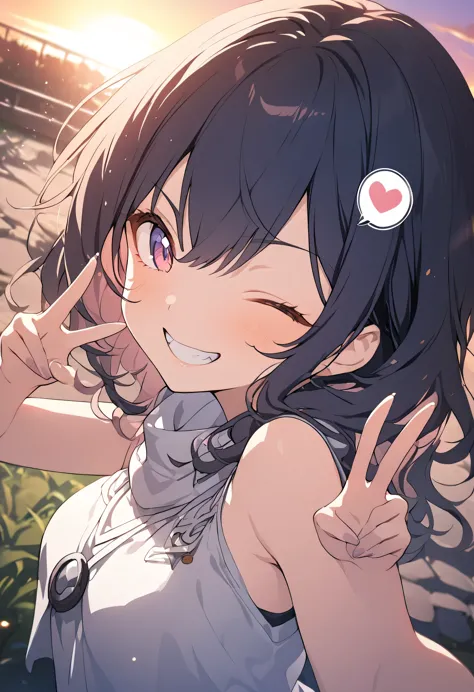 1girl, game cg, solo, double v, happy, (looking at viewer), one eye closed, upper body, spoken_heart, cinematic angle, depth of field, outdoors, sunset, masterpiece, best quality,double teeth