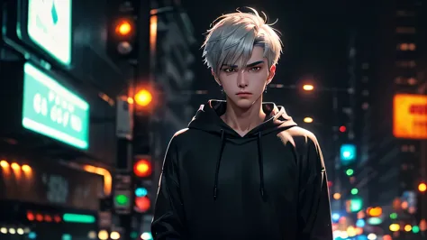 (a 20-year-old handsome man with short silver hair and black eyes :1.3), (Wearing a black hoodie :1.3), (grim eyes), (Night, mod...