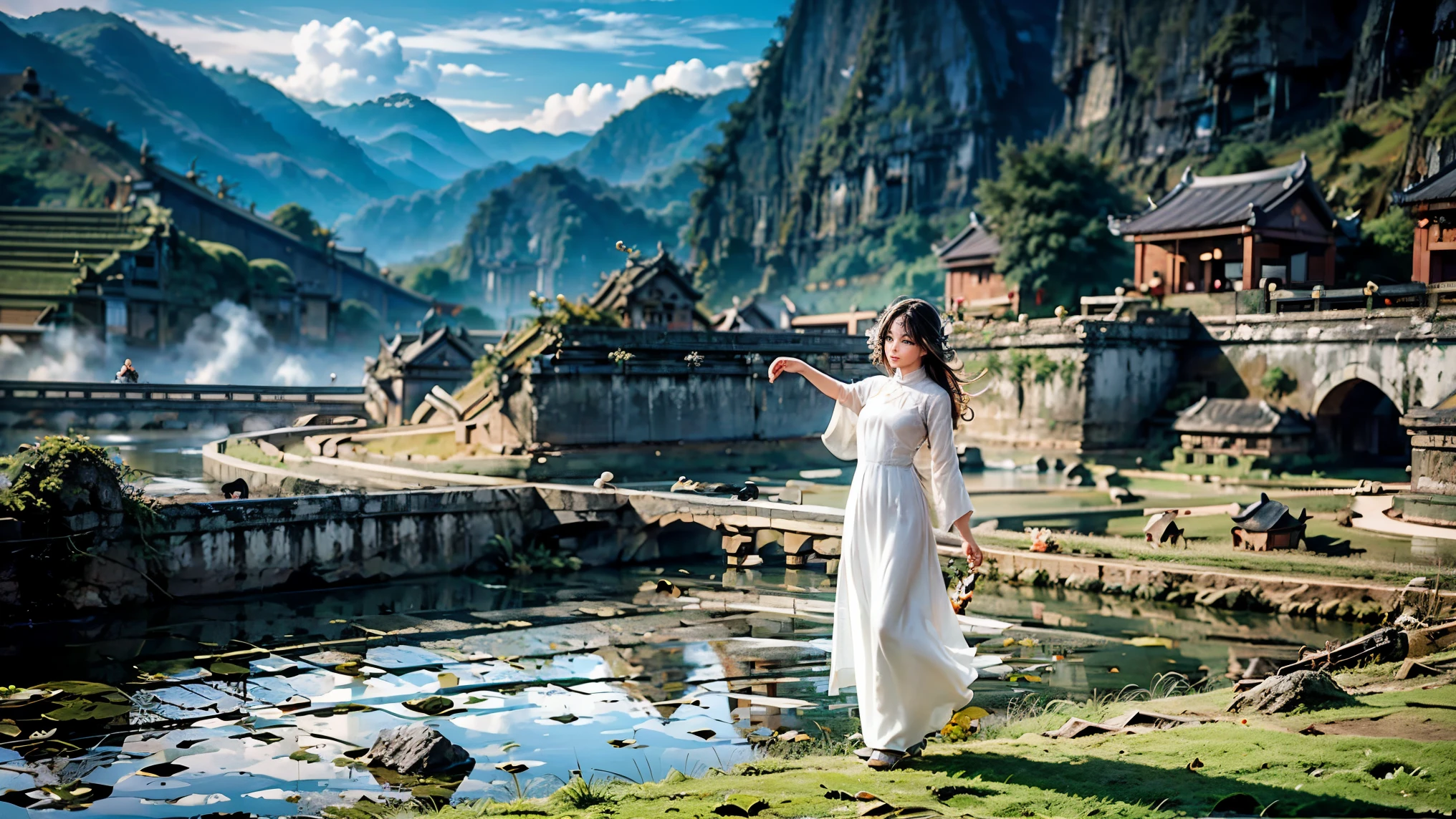 ((A beautiful picture depicting a Vietnamese hometown)), The focus of the scene is on a field with steps leading up to a staircase. In the field, there are Vietnamese farmers working diligently. The atmosphere is filled with the warm glow of beautiful sunshine, creating a cinematic lighting effect. The image is captured using a Sony FE GM lens, which ensures high-quality visuals. The composition of the image is a wide shot, showcasing the vastness and beauty of the landscape. capturing the essence of everyday life. The level of detail in this artwork is exceptionally high, allowing for a realistic and immersive experience. The color palette is vibrant and vivid, enhancing the visual impact. (Asia), ((Vietnam)), ((Vietnam's traditional Ao Dai)), (beautiful Vietnamese women), water buffaloes, ((rice farm)), great mountains
