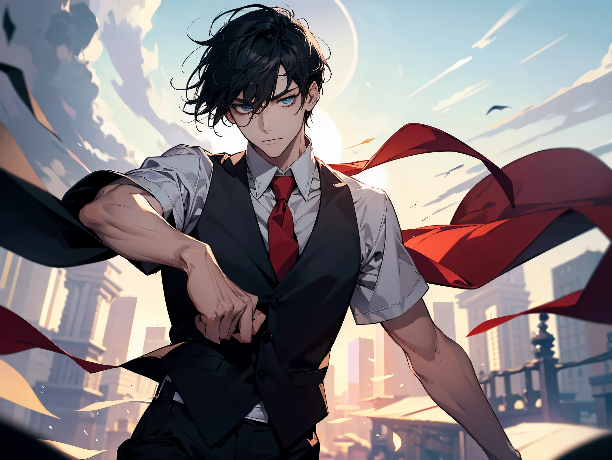 1 man, teacher, wearing white shirt, rolled up sleeves, black long pants, black hair, short hair, face to detail, detailed eyes, light blue eyes, with no expression, red tie, the background is the sun in china, Flying pages, In a fighting position.