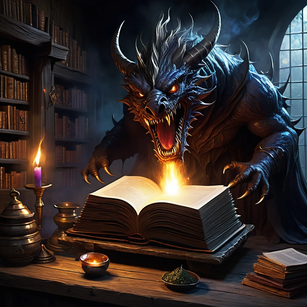 (best quality:1.2,ultra-detailed,realistic:1.37),monster,behemoth,demonic presence,magic,levitating cookbook,central eye, enormous eye,sinister,cauldron,fire,adventurers,caged,Dungeons&Dragons,menacing,shadowy,restrained,magical aura,creepy atmosphere,ominous,spellbound,mystical,enchanted,spell-casting,monstrous,dark fantasy,dimly lit,struggling,wizardry,unearthly,hovering,menacing presence,enchanting recipe,sorcery,spells,conjured,terrifying magics,runic symbols,mythical,mysterious,unleashing power