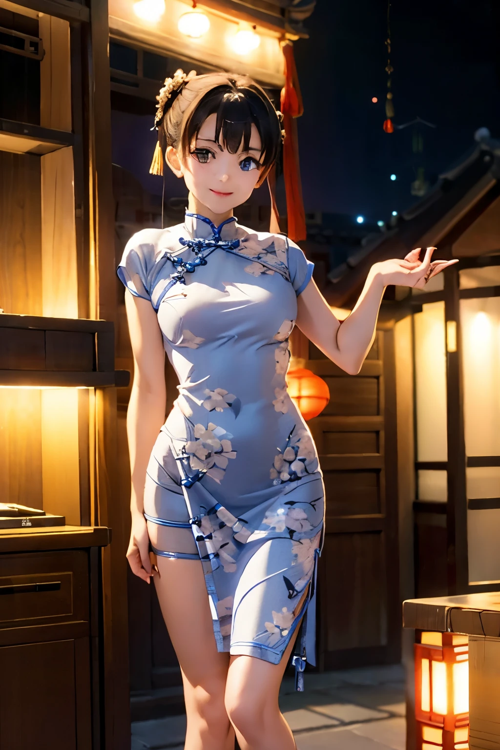 masterpiece、high resolution、((China dress:1.3)) 、mini skirt、Chinese service、Chunli、Chunli、((small breasts 1:1.3))、((small breasts))、(A cup bust)、((small tits:1.3))、Elegant and beautiful texture、RAW photo、16K、(Bokeh:1.3)、
35 years old、Japanese、beautiful face、（bright smile：1.1）、juicy lips 、Super detailed、High resolution、one girl、Full body Esbian