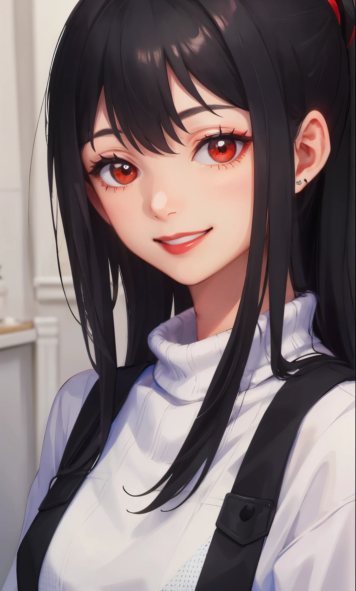 masterpiece, best quality, high resolution, a 1girl, black hair, looking at the audience, Close-up portrait shot, Asian, Wearing a black turtleneck sweater, Have perforations, Smile, red lipstick, Red eyes